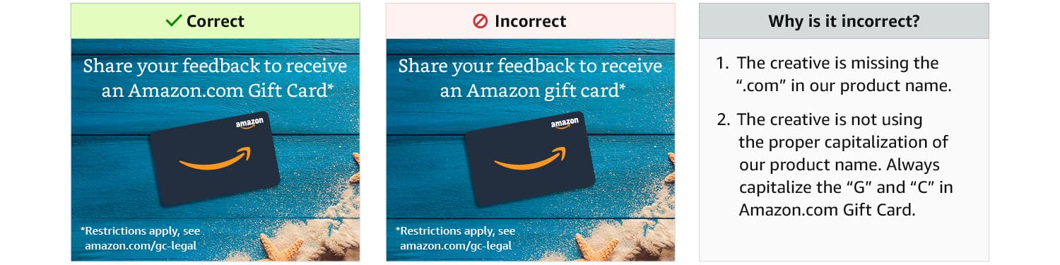 Amazon Pay Gift Card example comparing between proper and improper branding of the gift card.