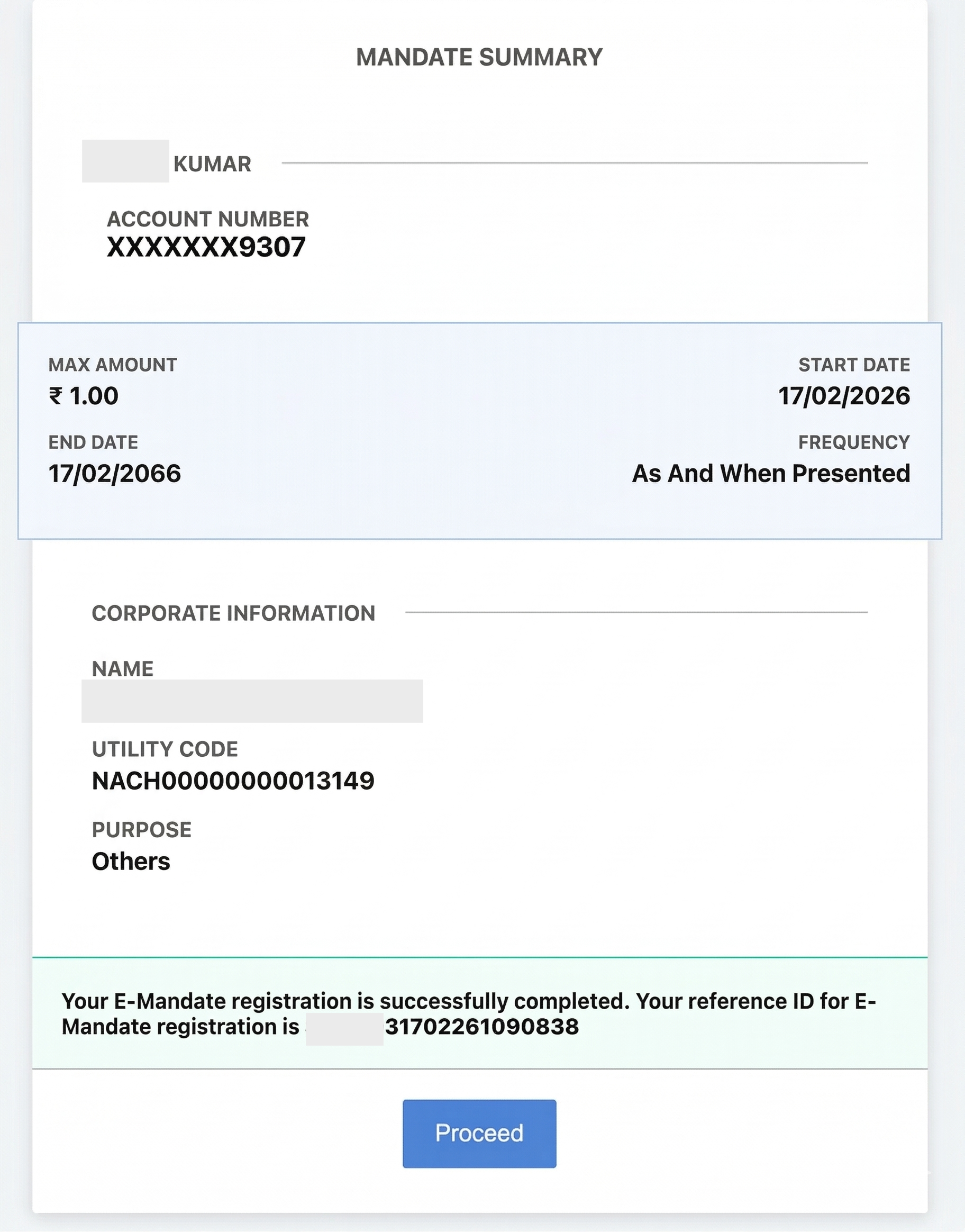 razorpay mandate summary page