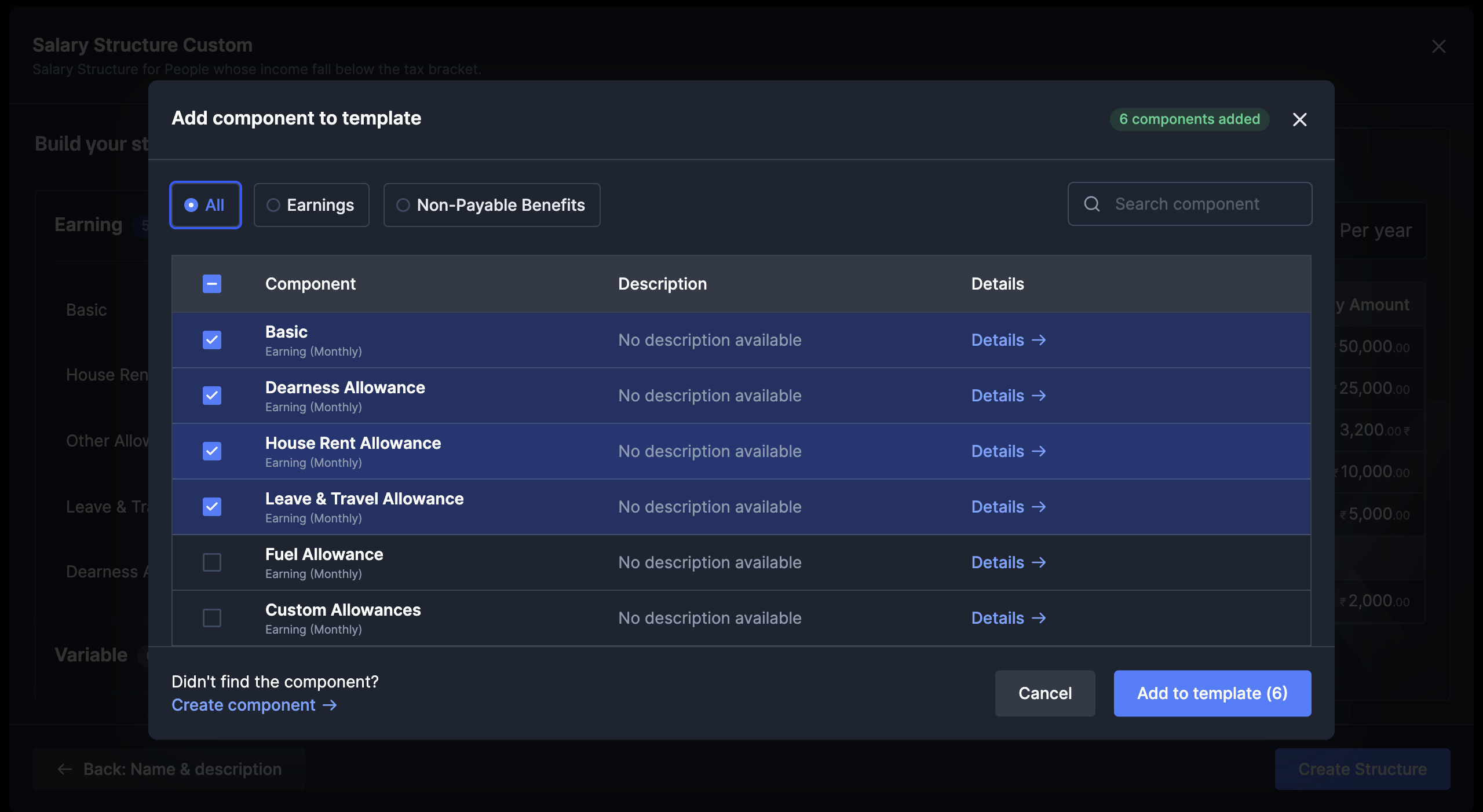 Add component to template dialog with Earnings and Non-Payable Benefits filters.