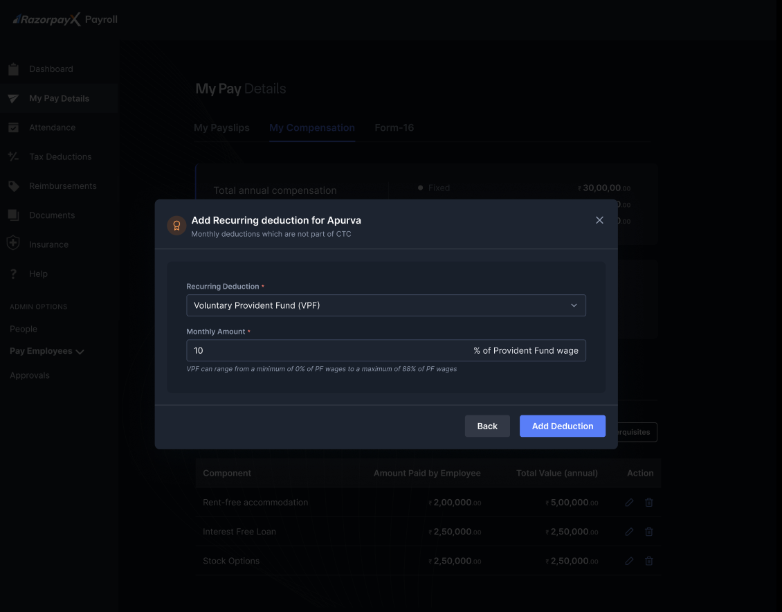Add Recurring deduction dialog with VPF selected and a monthly amount entered.
