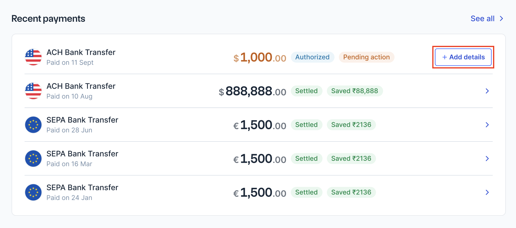 Recent transactions section