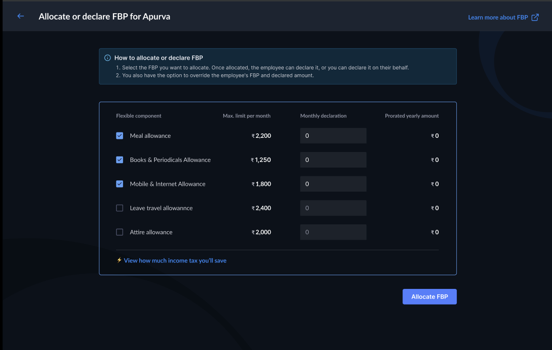Allocate or declare FBP page with flexible component checkboxes and monthly declaration fields.