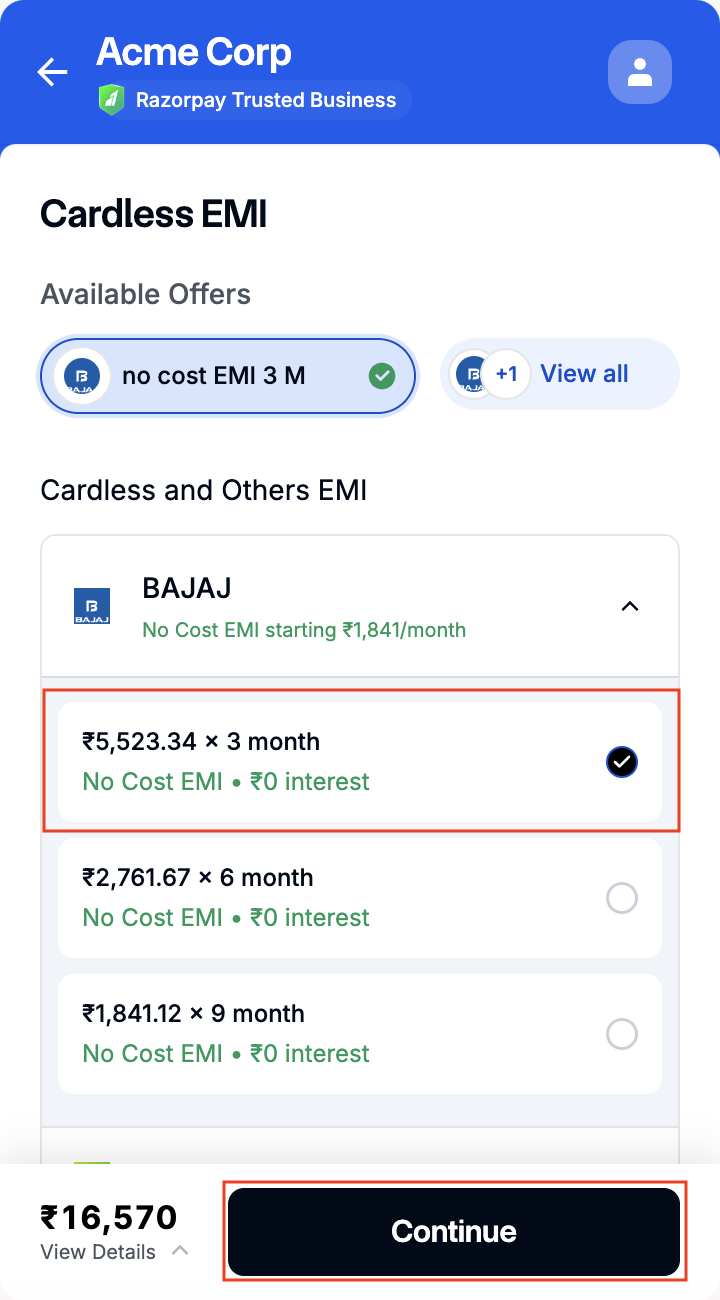 Select an EMI Plan and Select Plan.