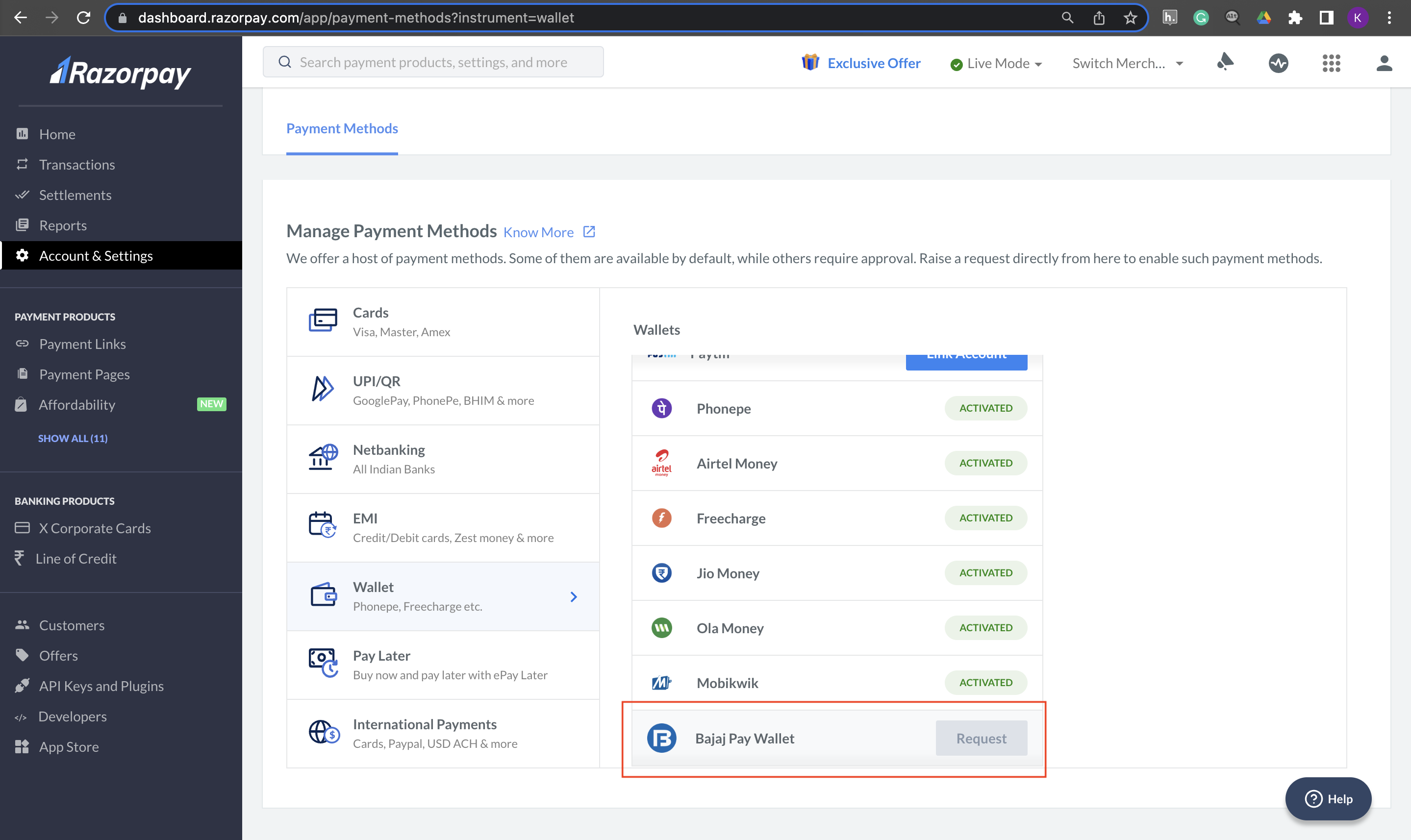 Dashboard image of bank transfer request