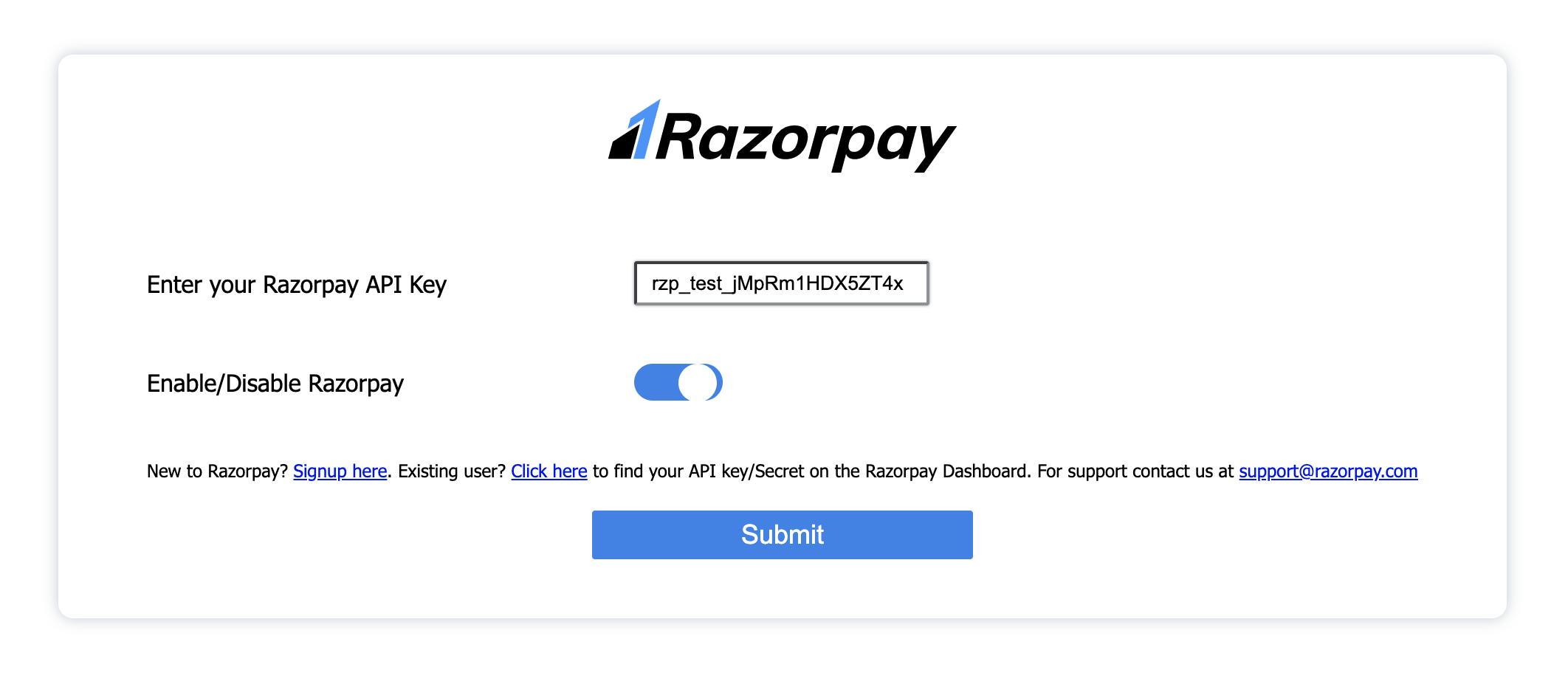 Submit detail to install the Razorpay plugin