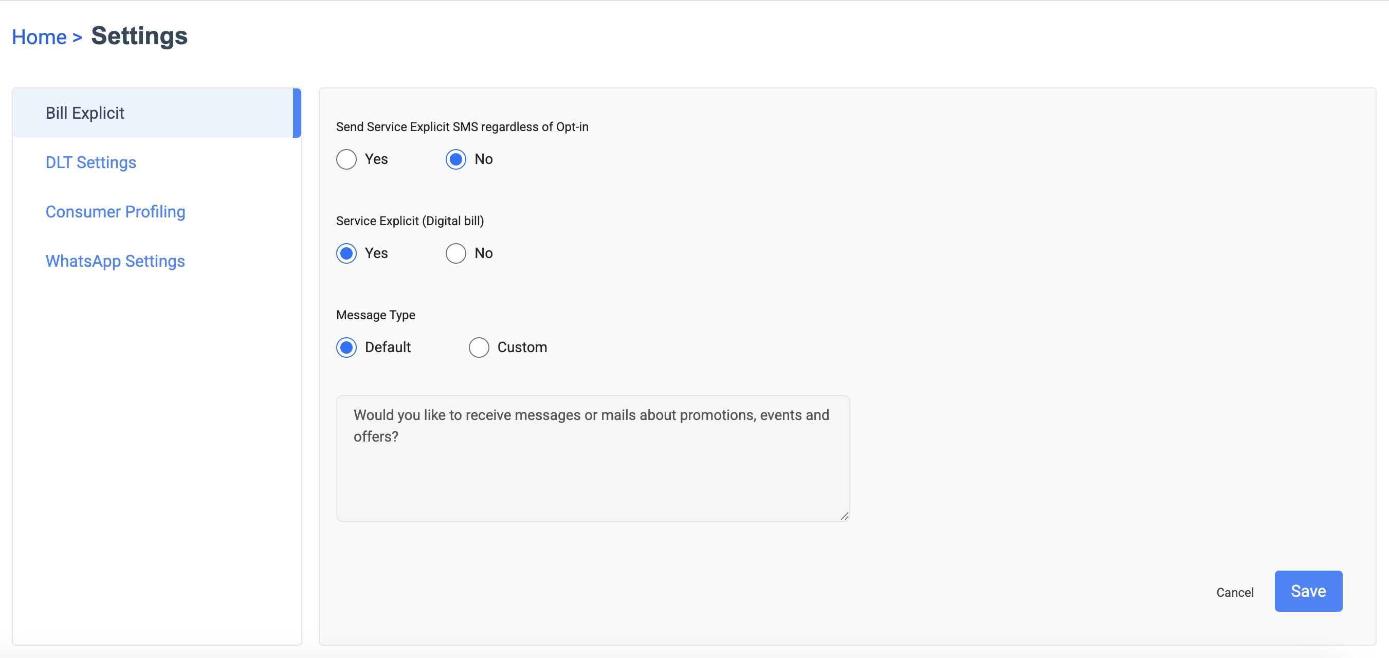 Bill Explicit Settings
