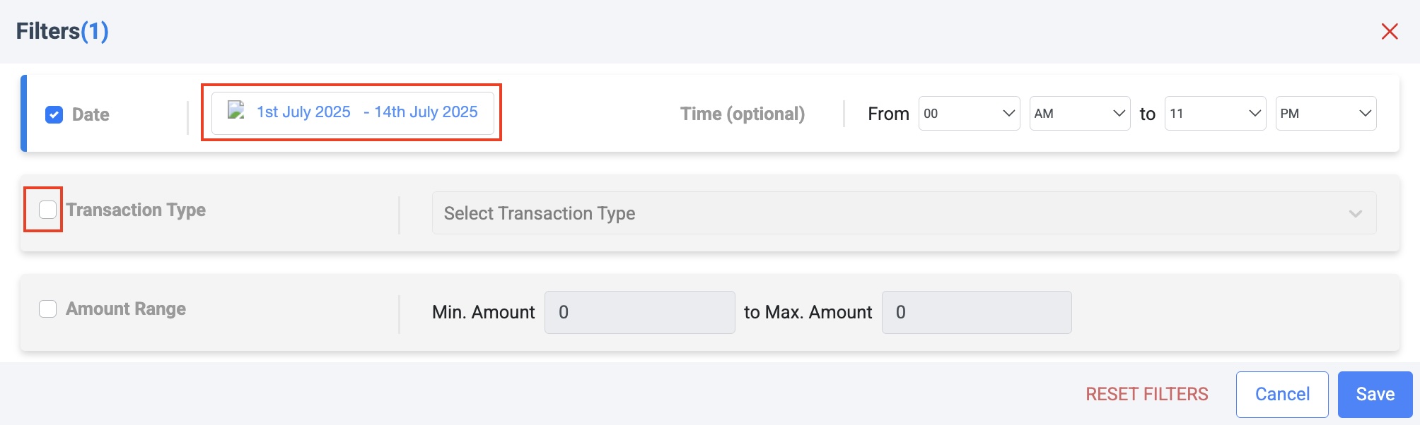 Bills Filter Options Popup Page