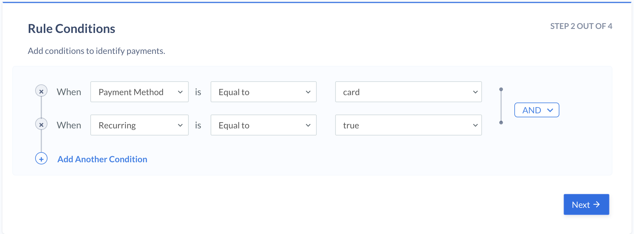 optimizer cards recurring payu second rule condition