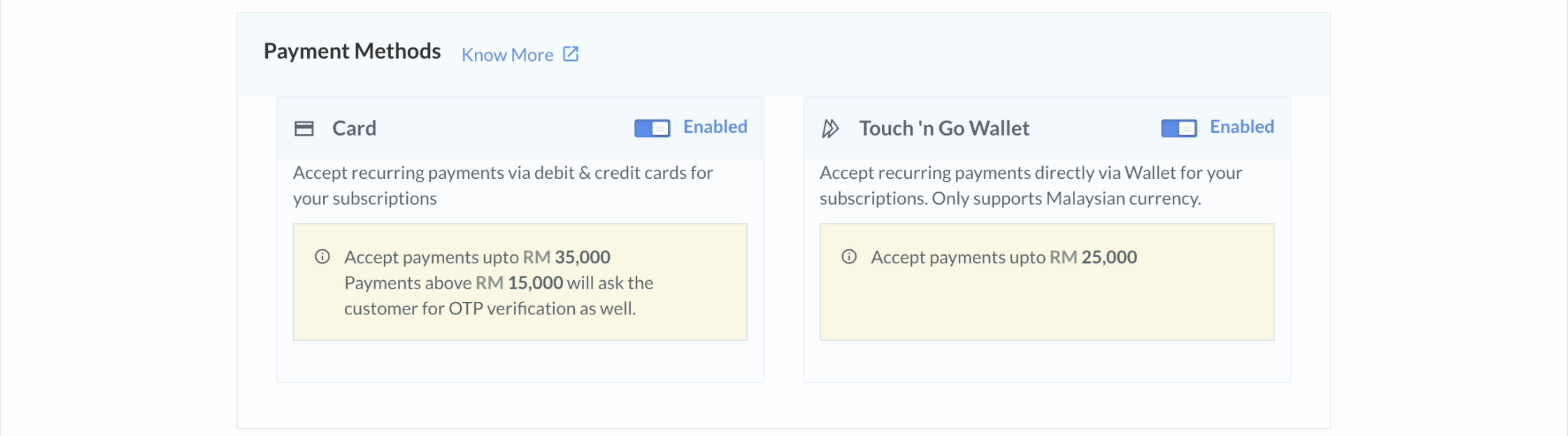 Configure Payment Methods using Settings