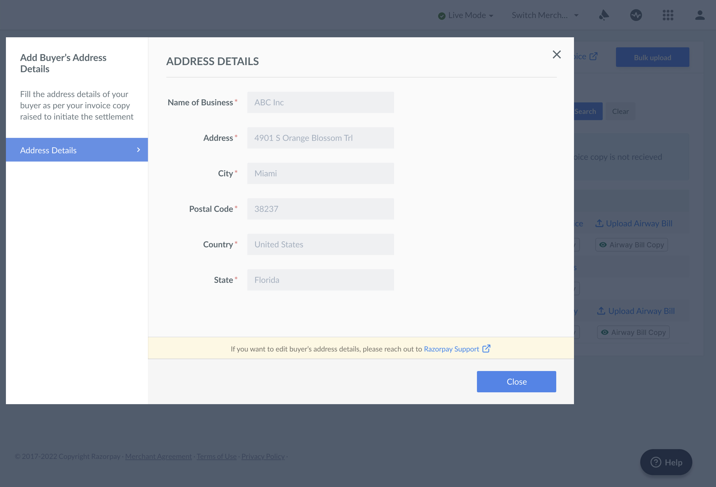 Dashboard Buyer's Address Details