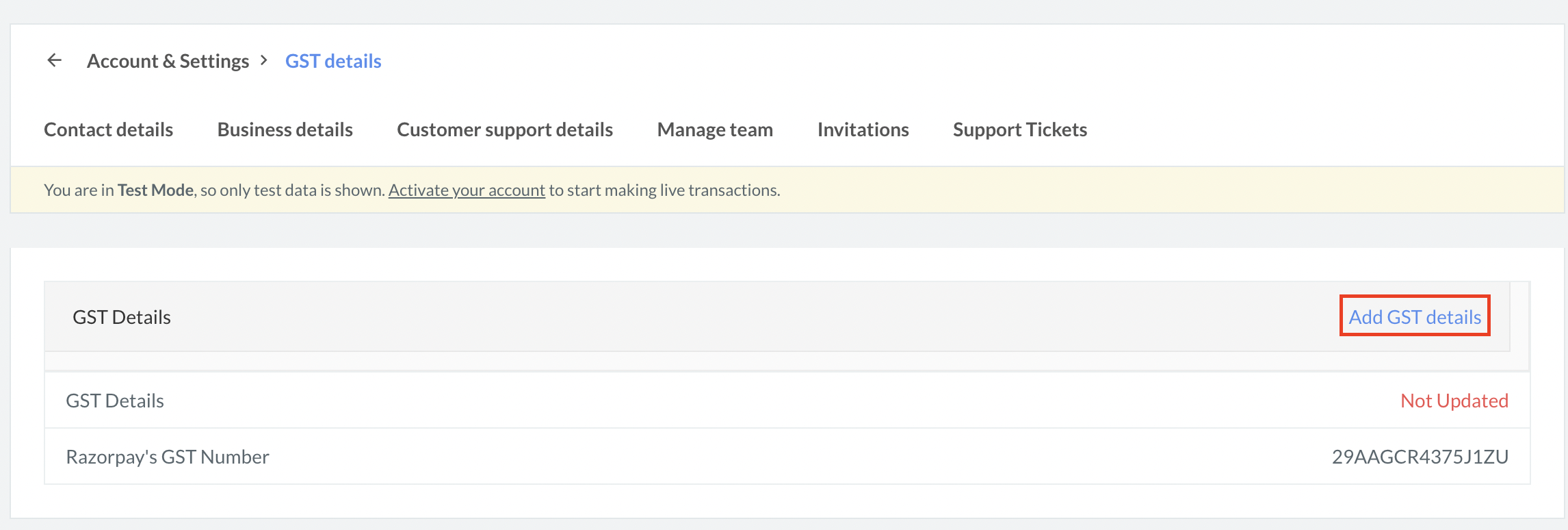 Add GST details on the Razorpay Dashboard