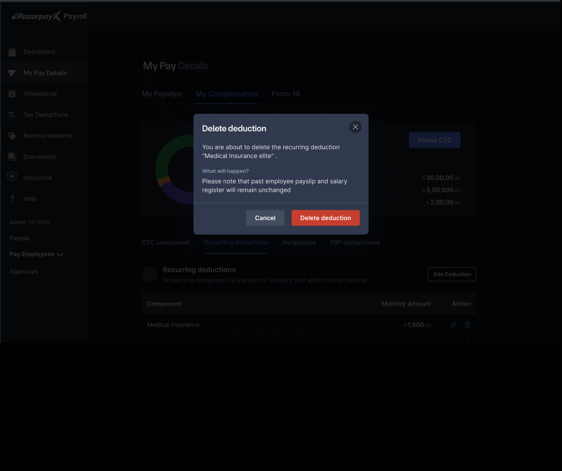 Delete deduction confirmation dialog with deduction name and impact note.