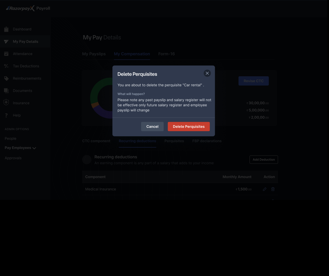 Delete Perquisites confirmation dialog with perquisite name and impact note.