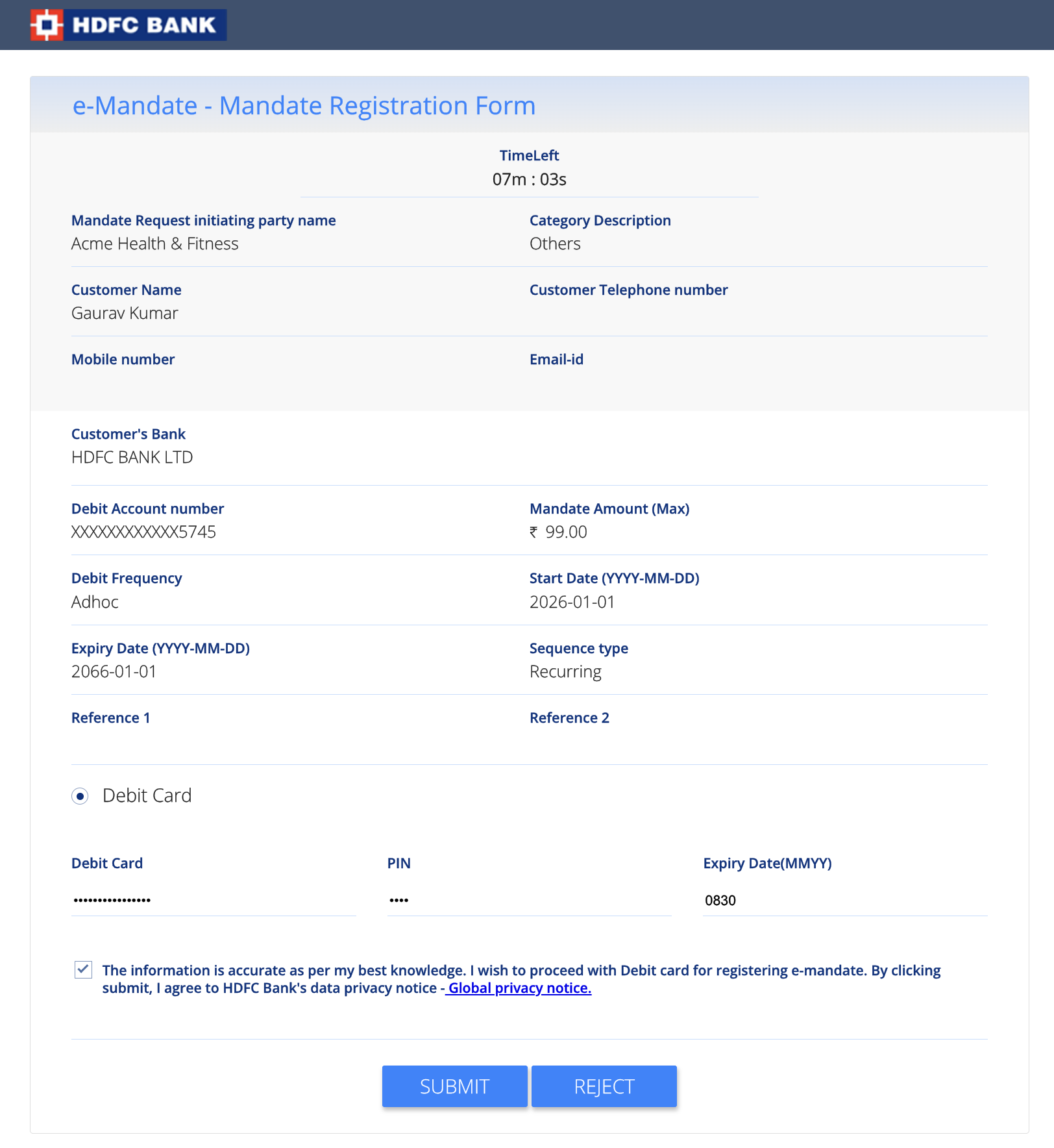 emandate registration form submission