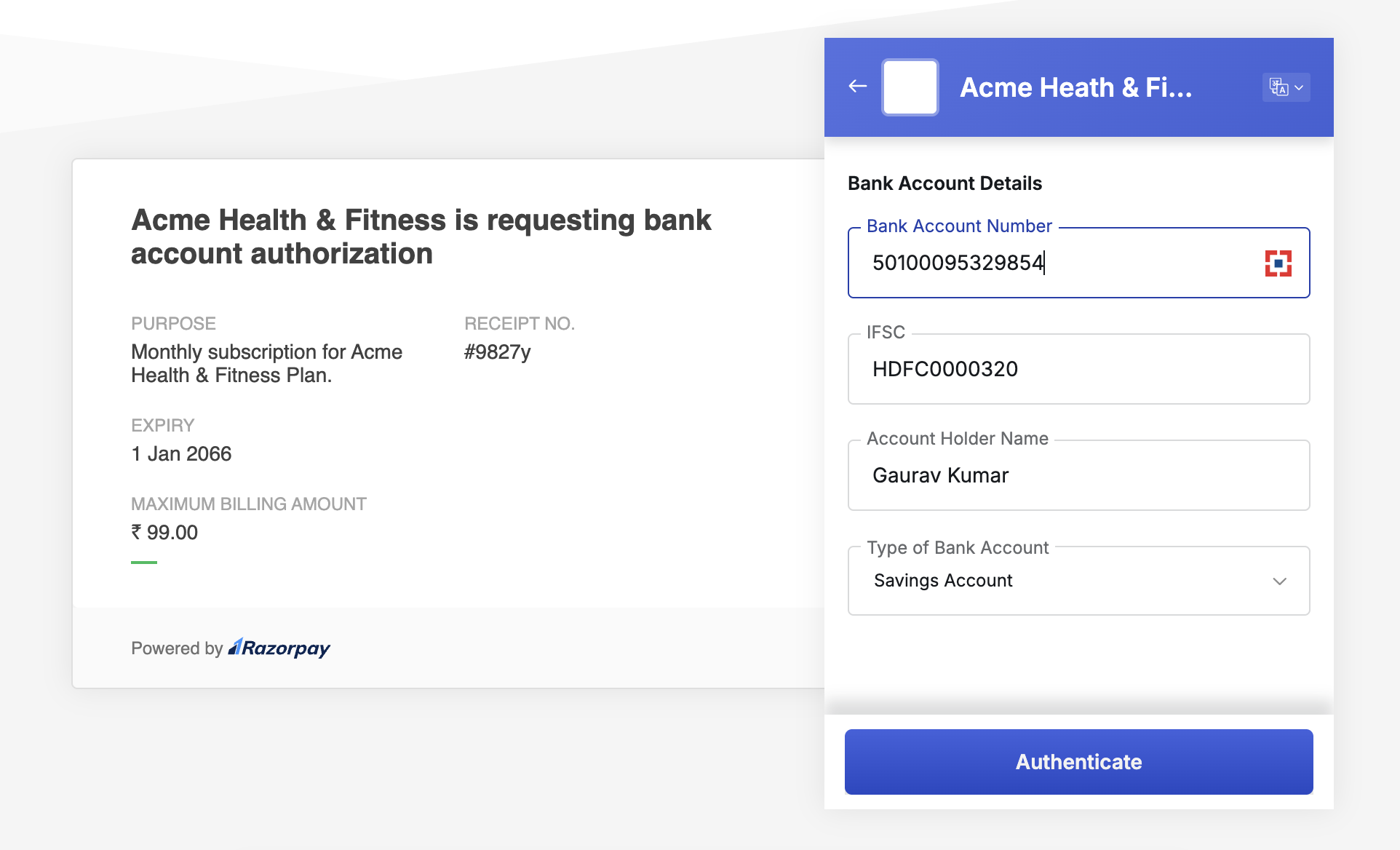 customer enters bank details