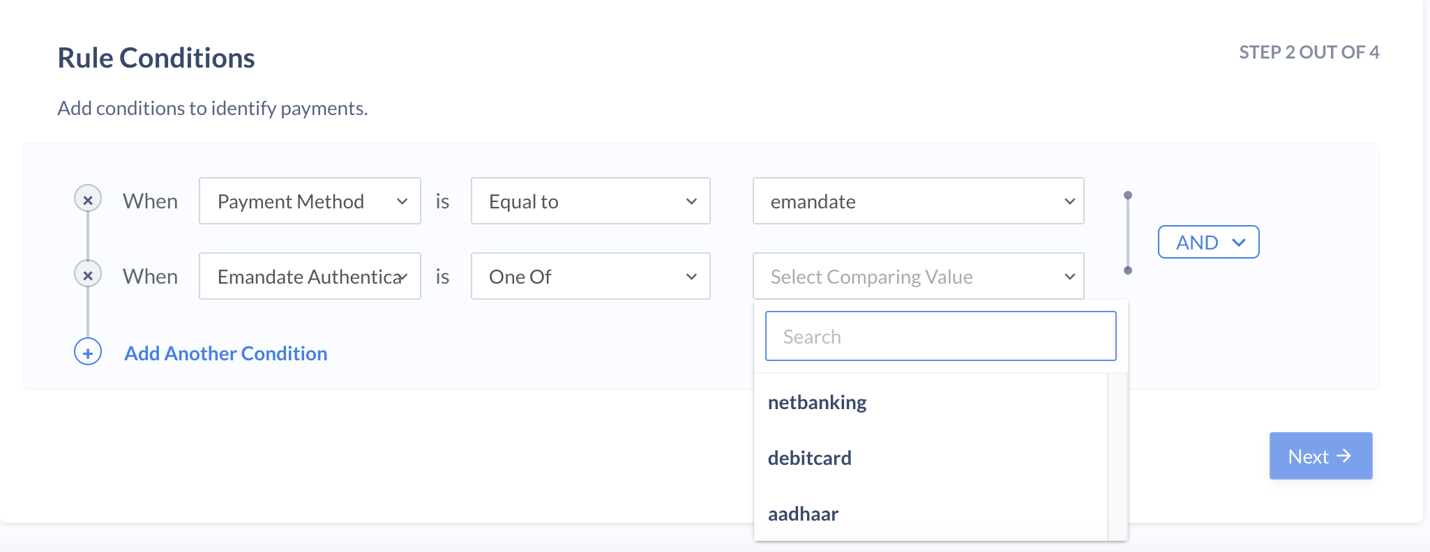 optimizer emandate payu second rule condition