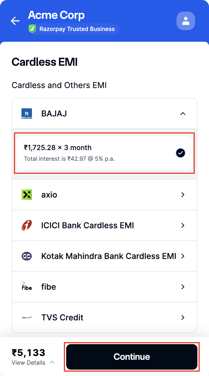 EMI tenure and click Select Plan