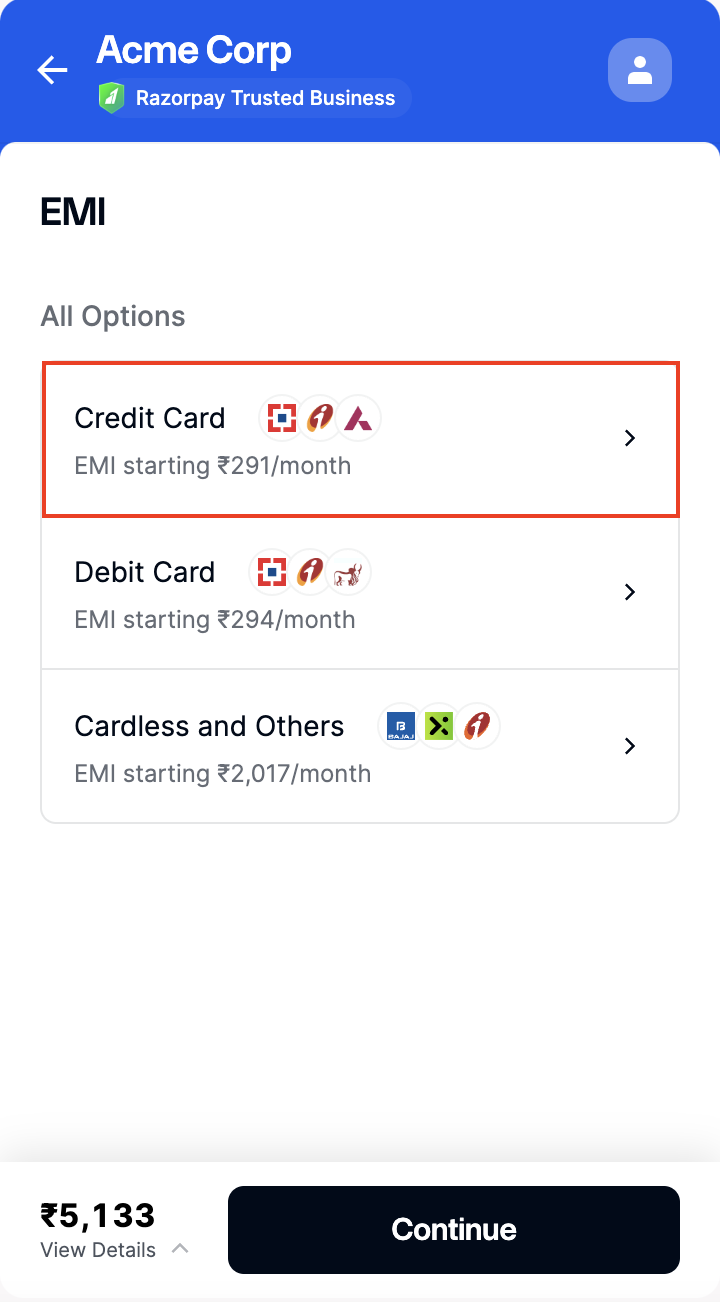 Select credit card payment option on checkout