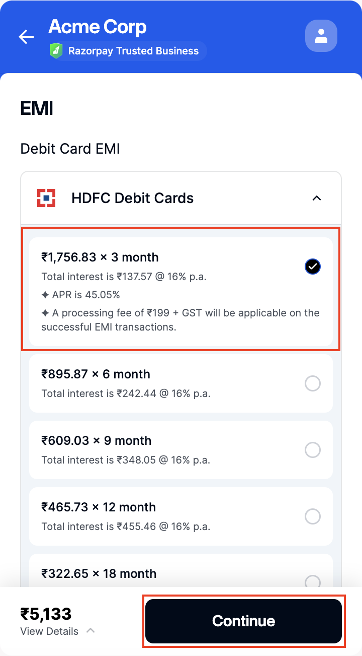 EMI tenure and click Select Plan