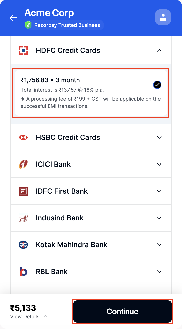 EMI tenure and click Select Plan