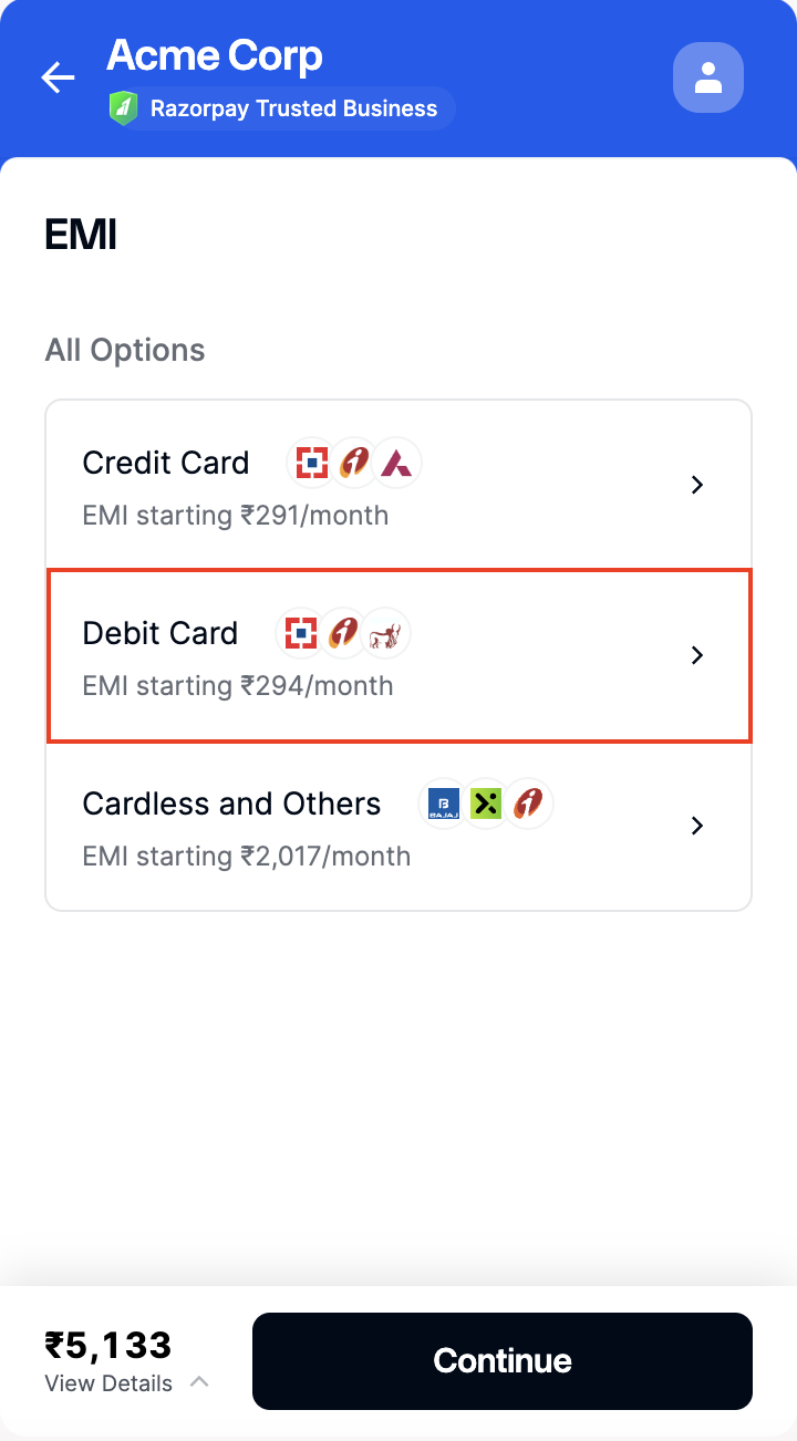 Select debit card payment option on checkout