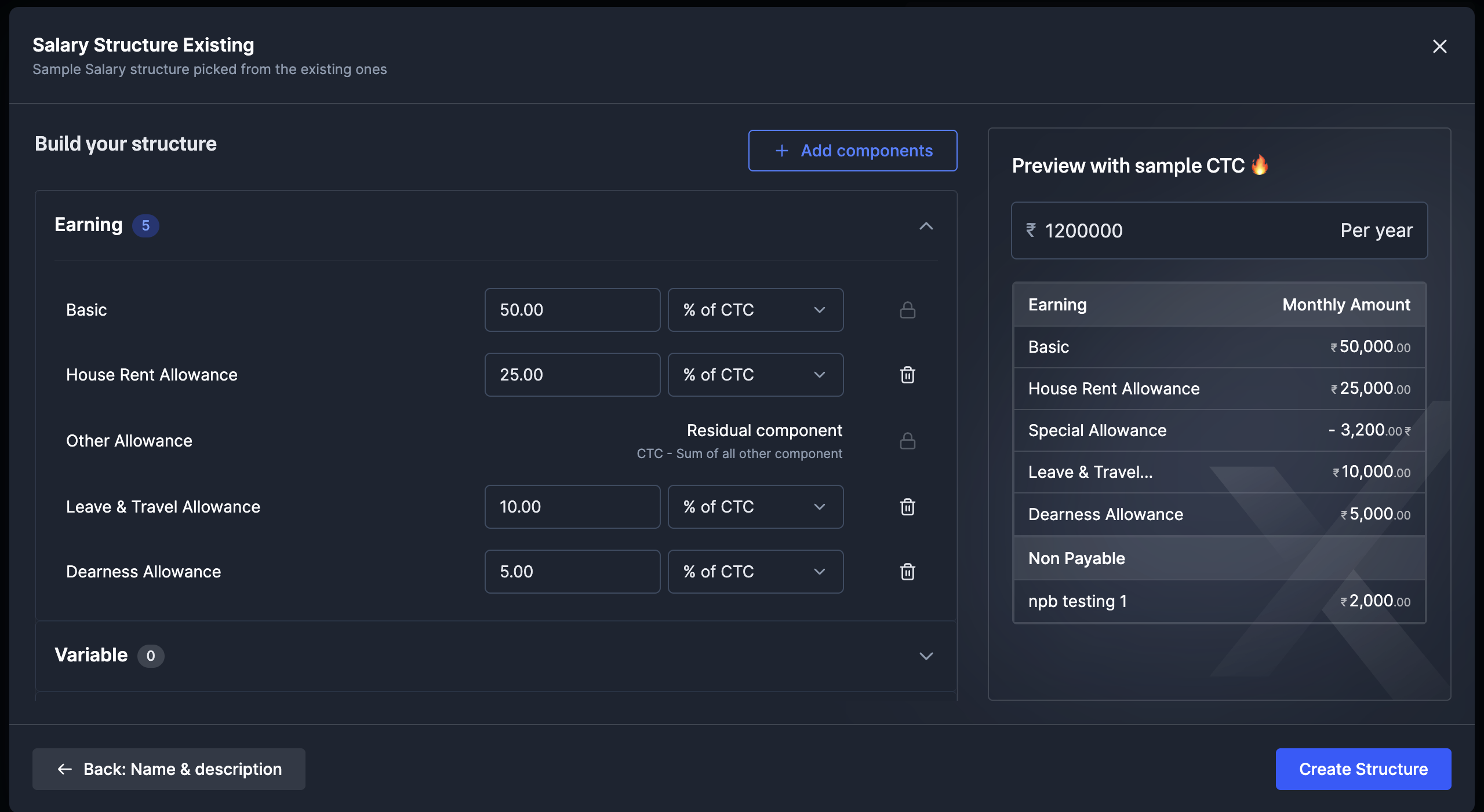 Build your structure page with Earning components and a sample CTC preview.
