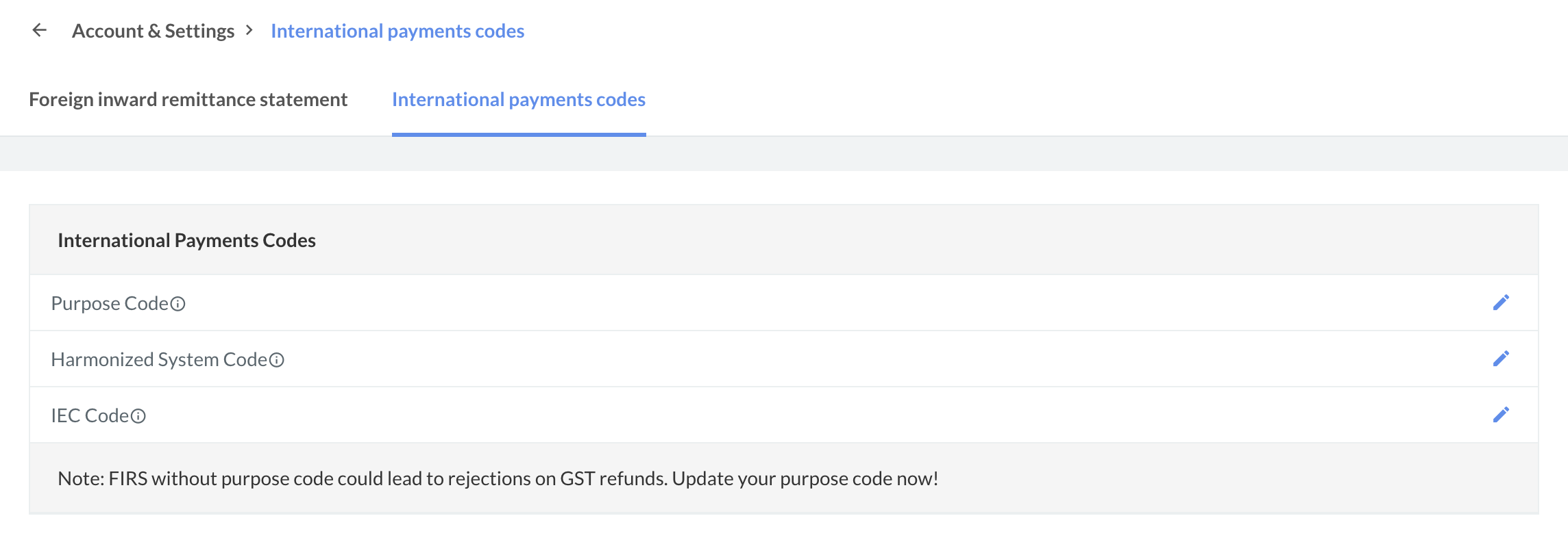 Purpose code update