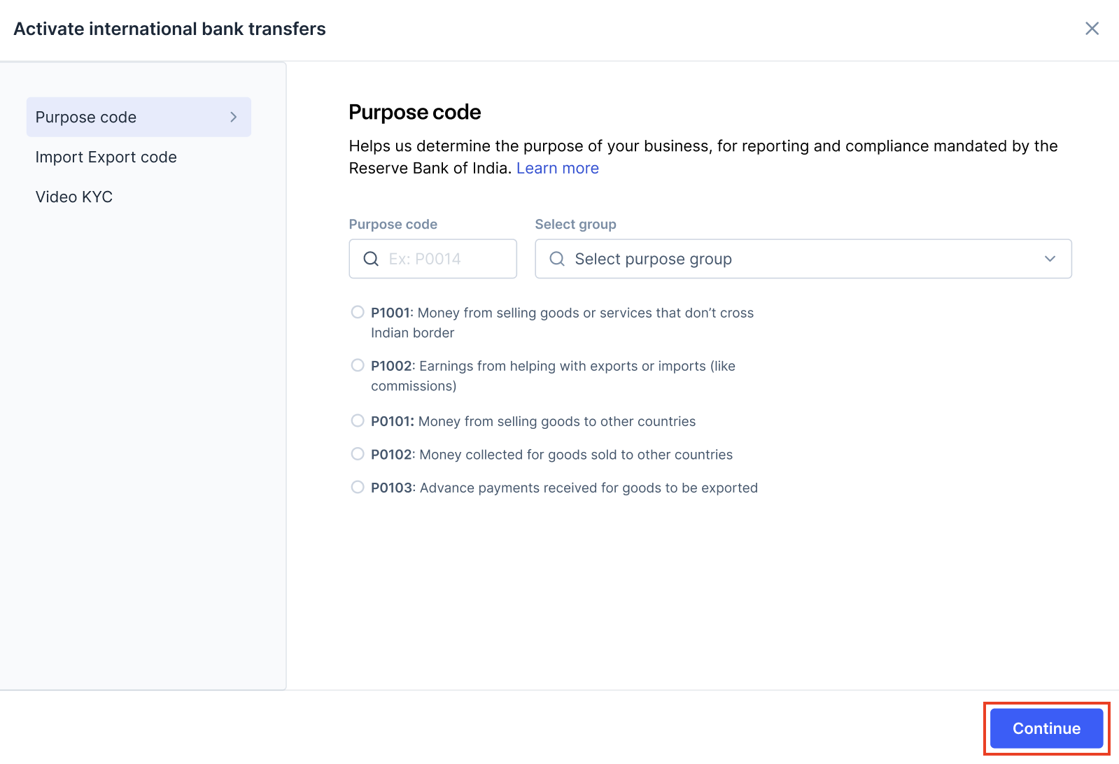 International bank transfer purpose code