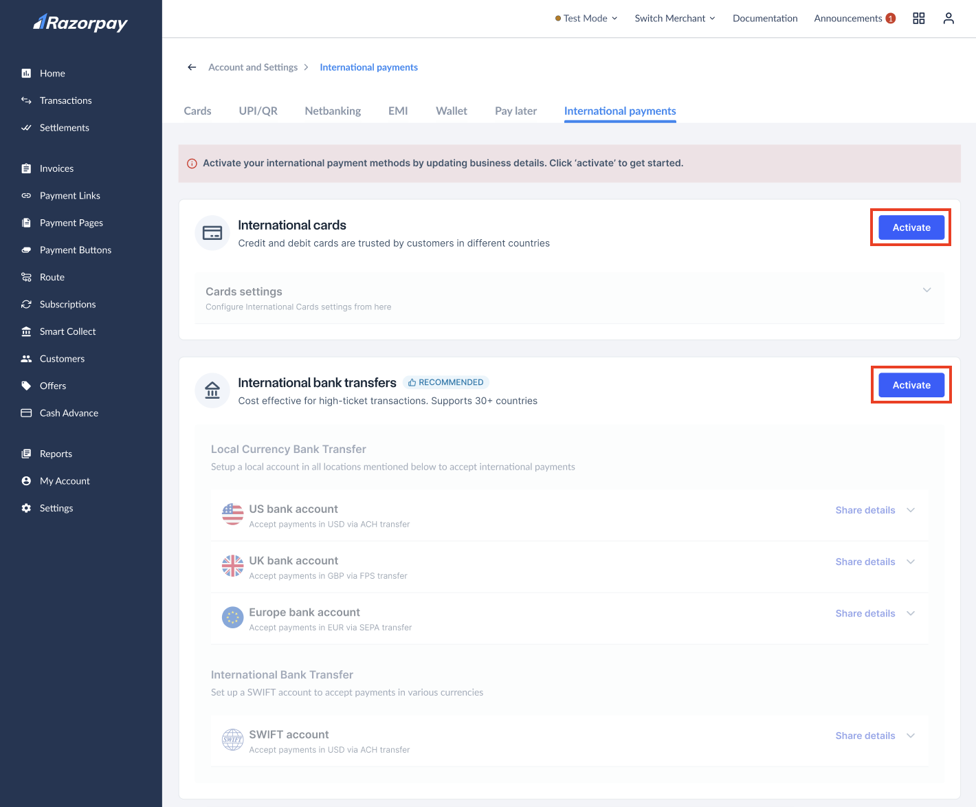 International cards and Bank transfer activate