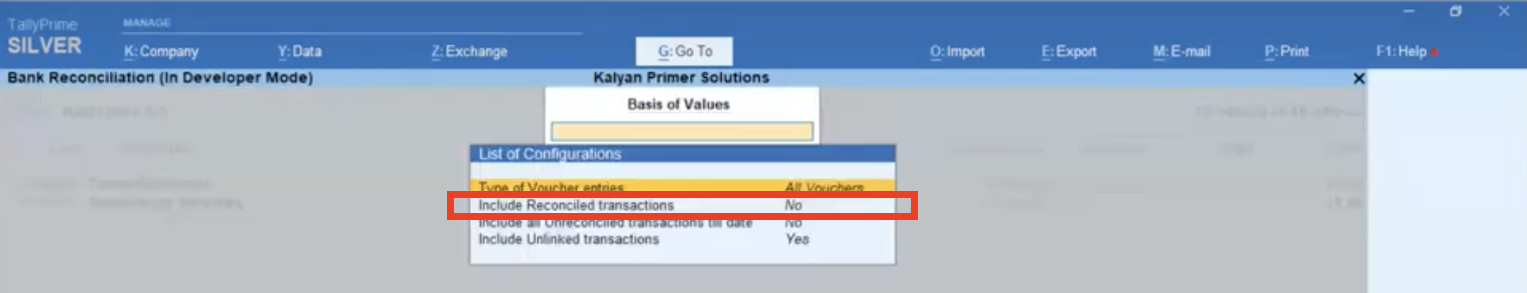 Select option from the list to show reconciled trasactions