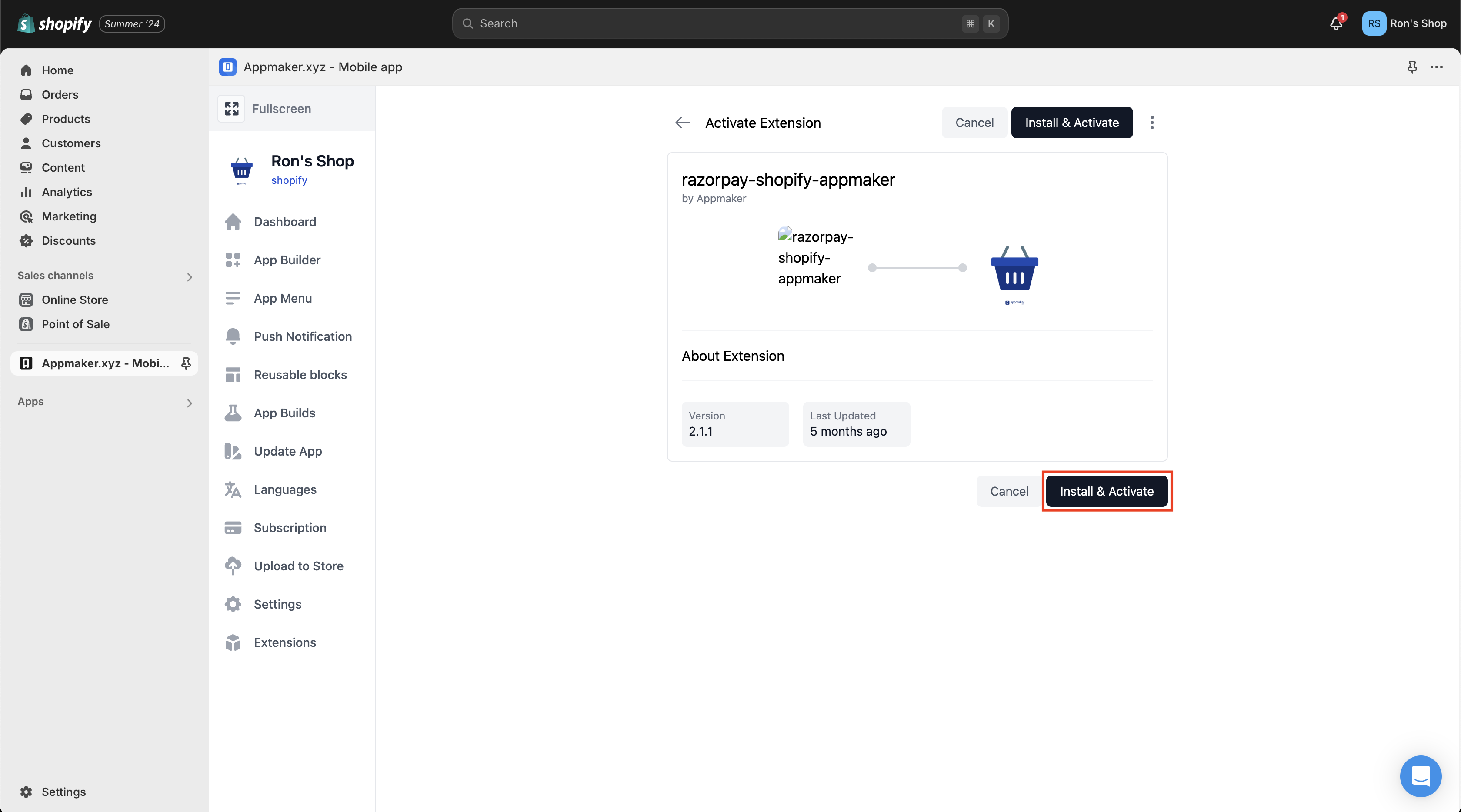 Install and activate razorpay shopify appmaker
