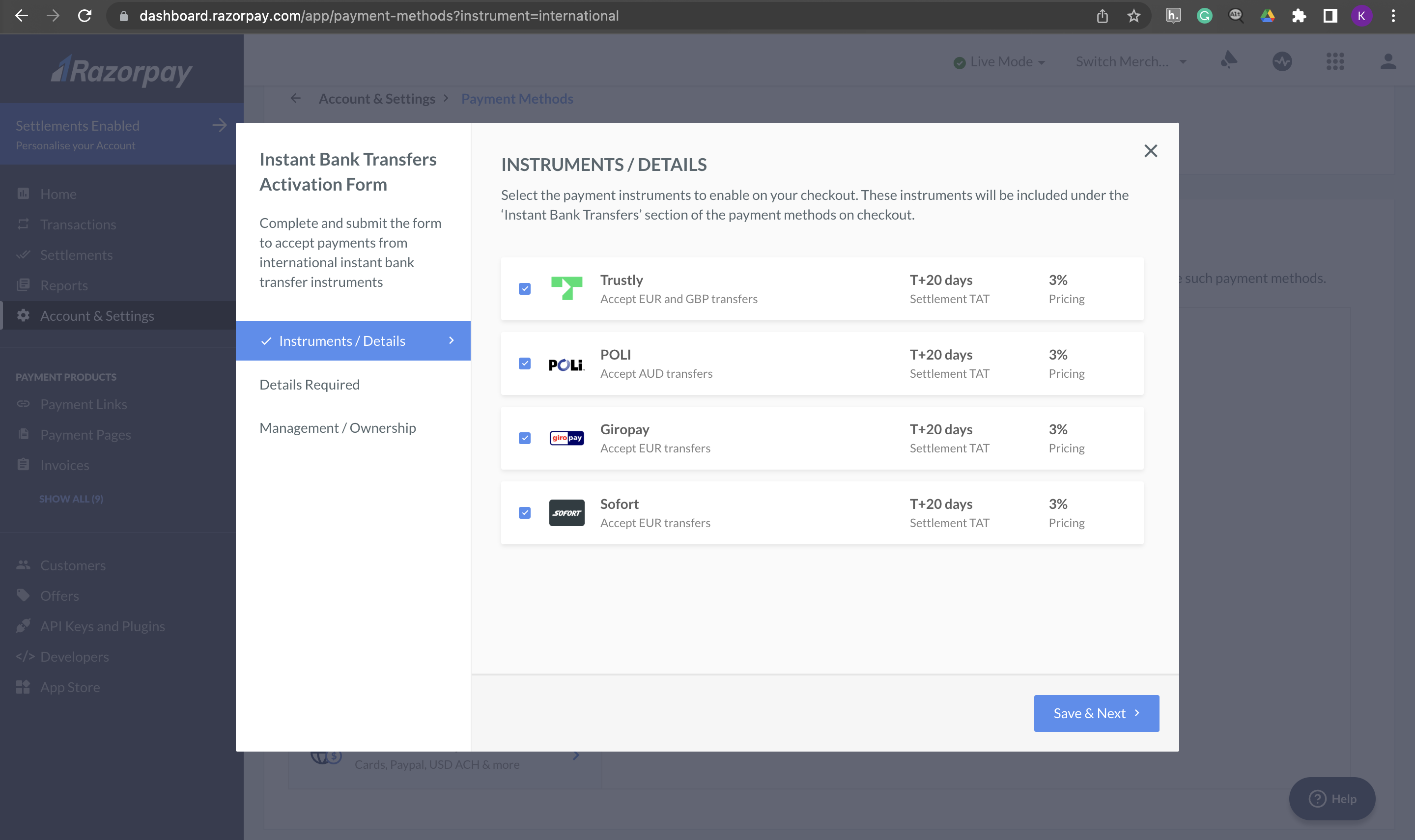 Dashboard image of bank transfer activation-form