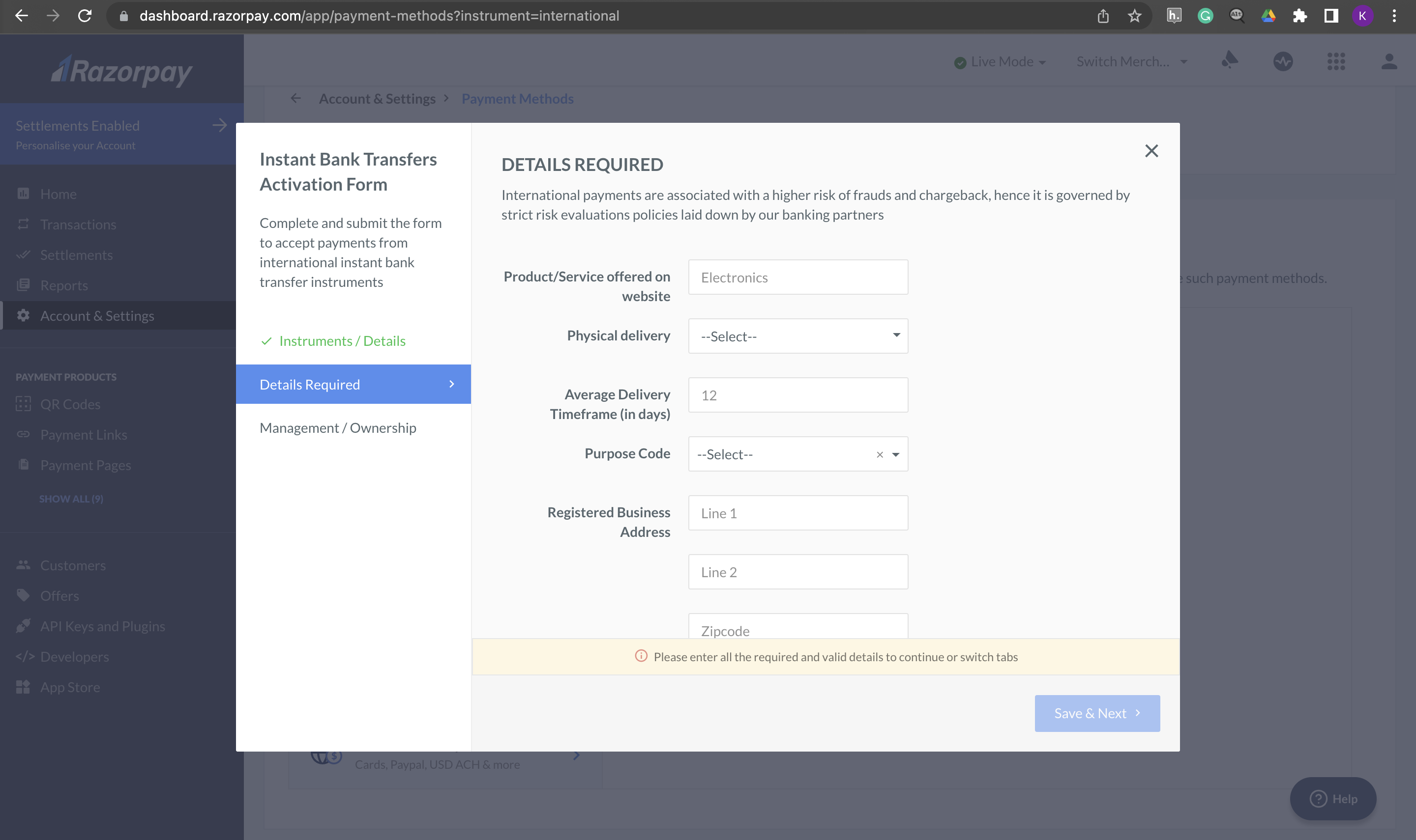 Dashboard image of bank transfer form details