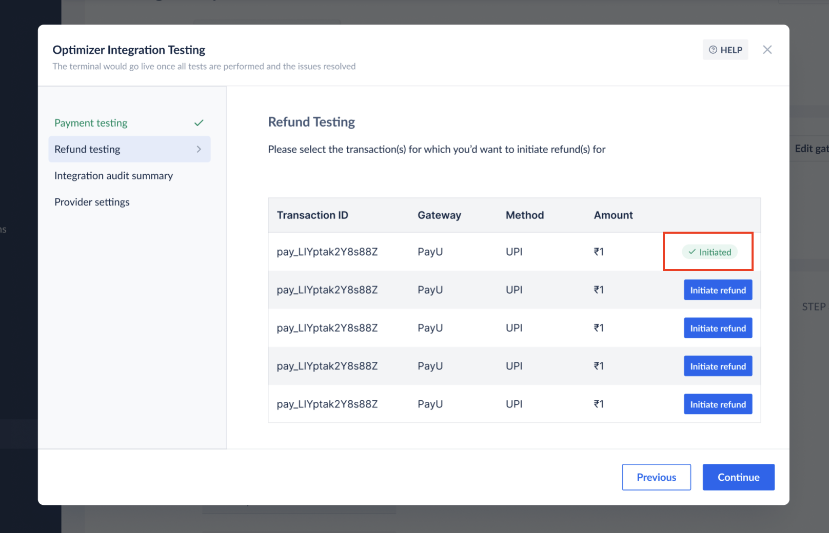 Integration Audit refund testing success