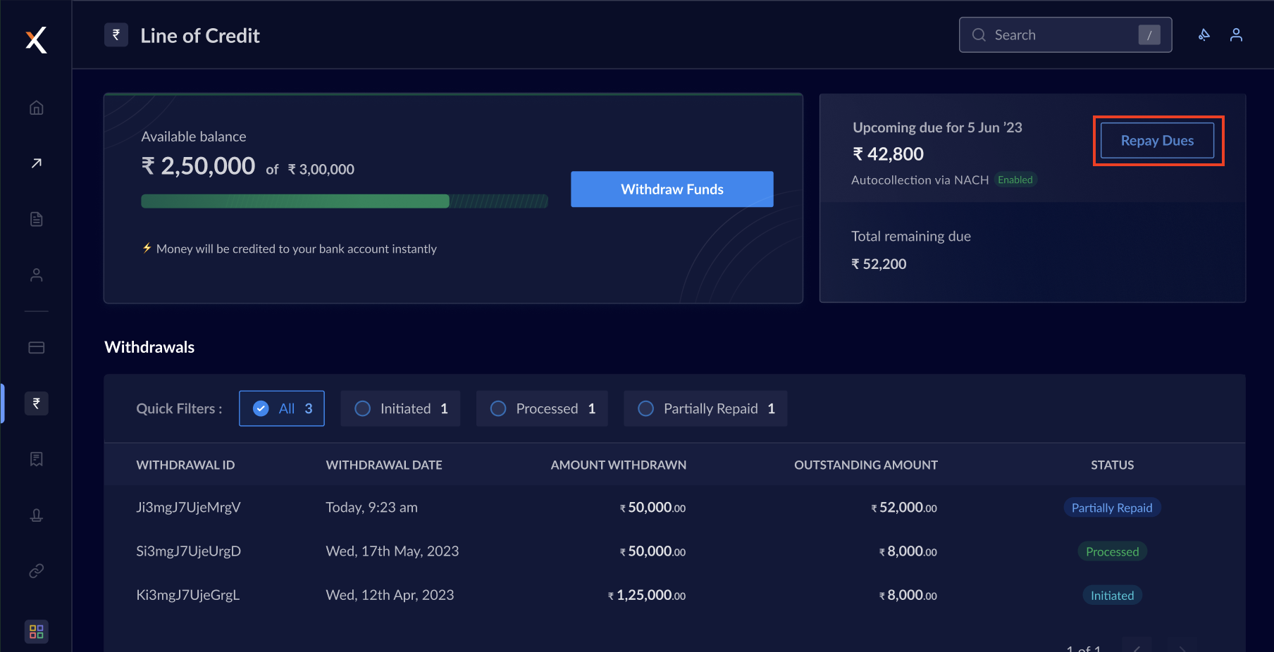 Repay Dues on LOC Overview Dashboard