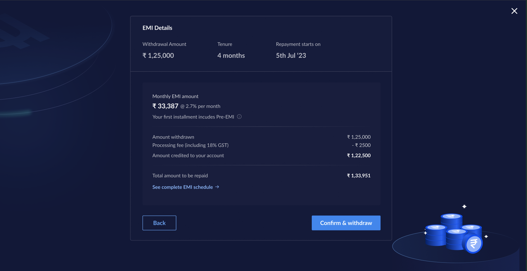 EMI Withdrawal summary