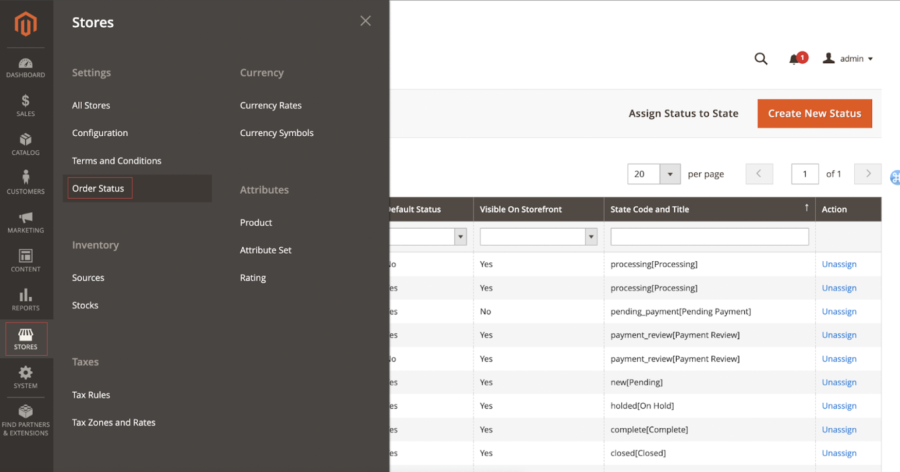 Magento Admin dashboard order status