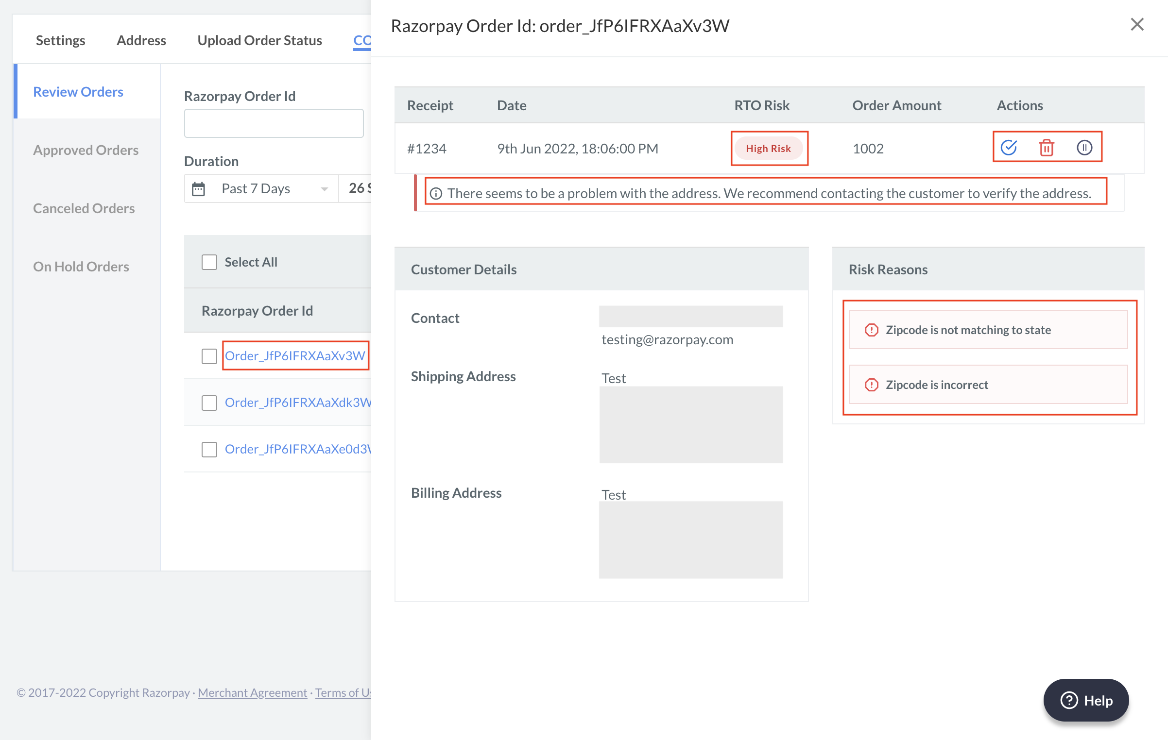 Select order id to view the risk reasons, recommendations and customer details