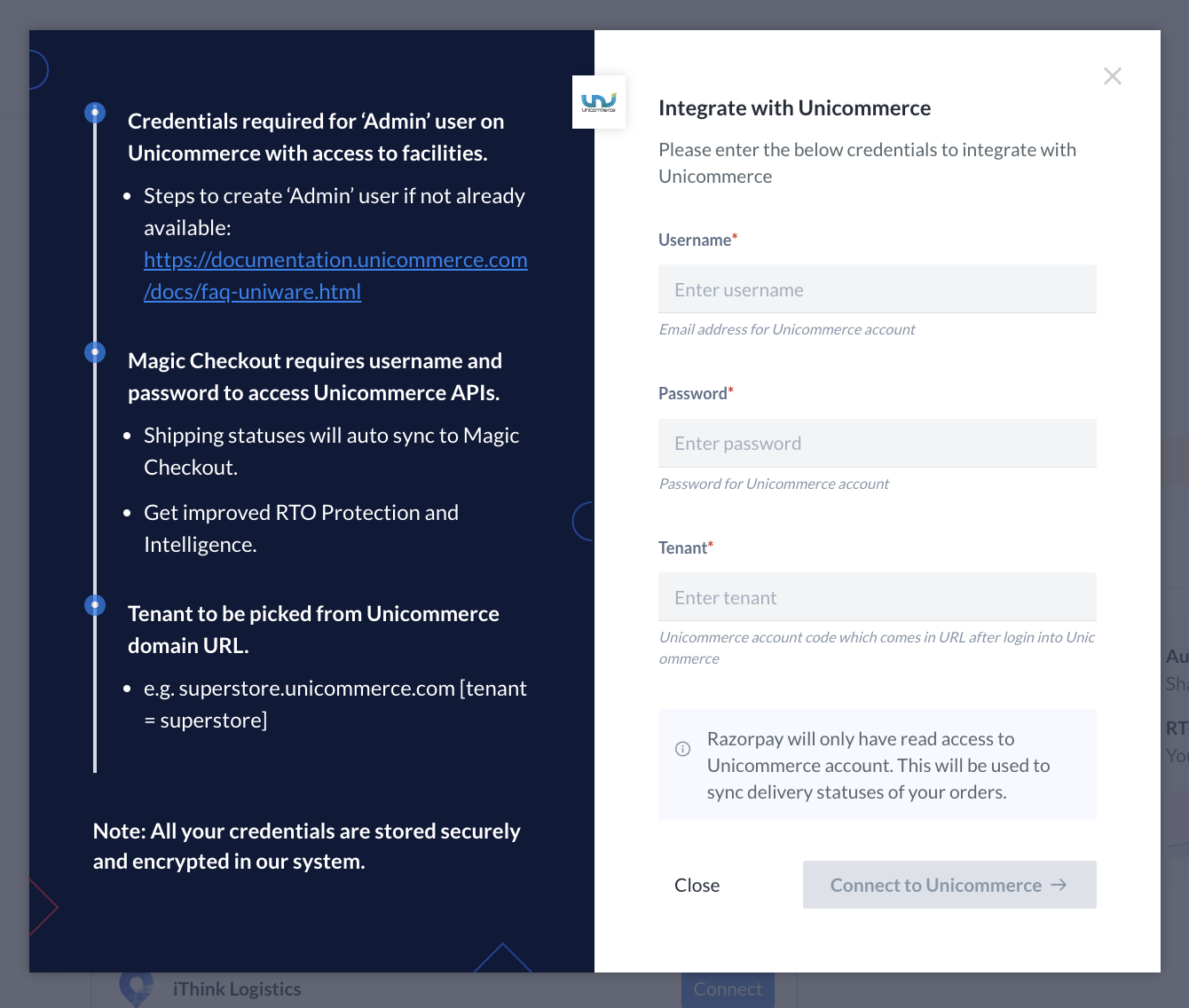 Paste the API Keys on the Razorpay Dashboard and connect