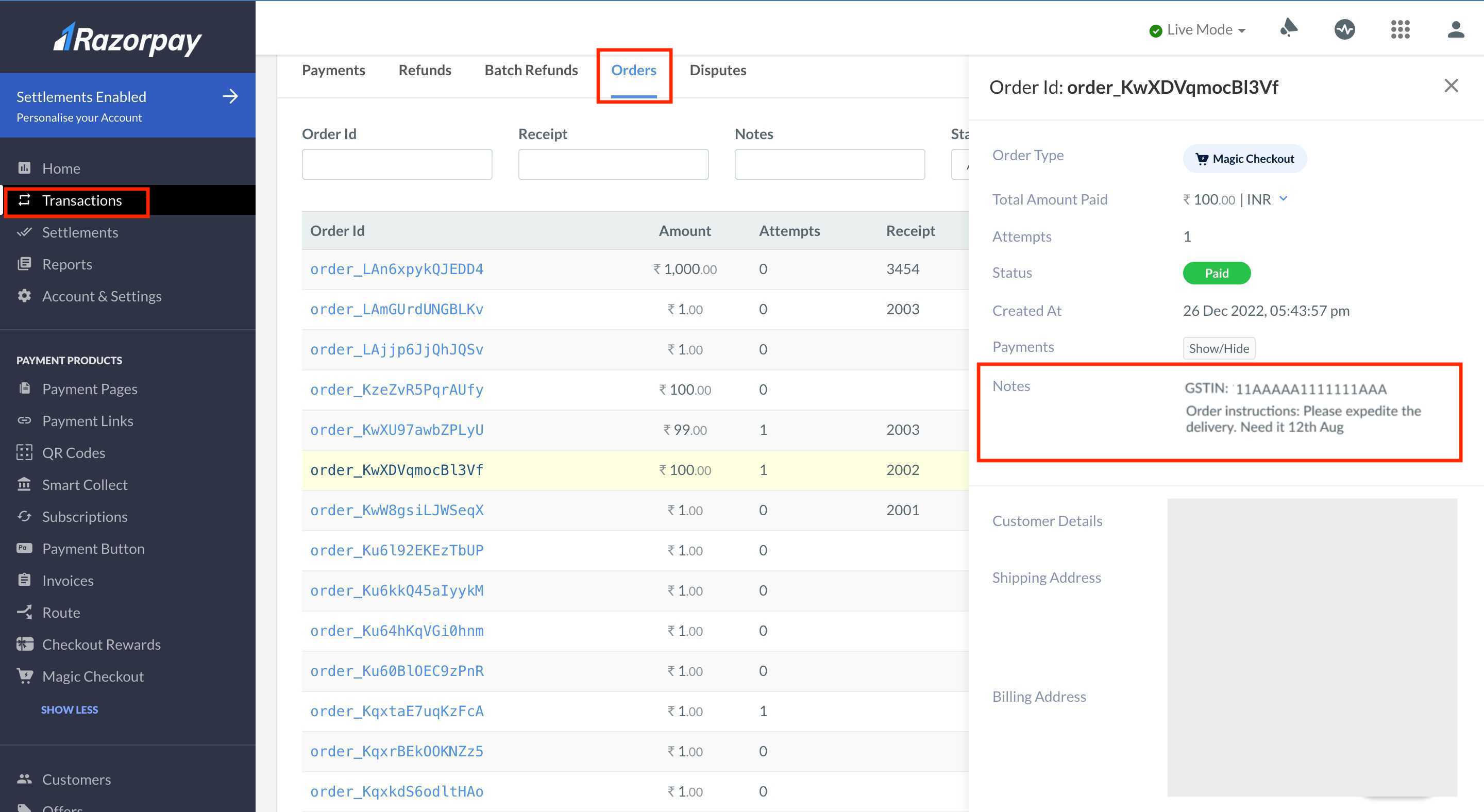 View GSTIN and order instruction details in the transaction section