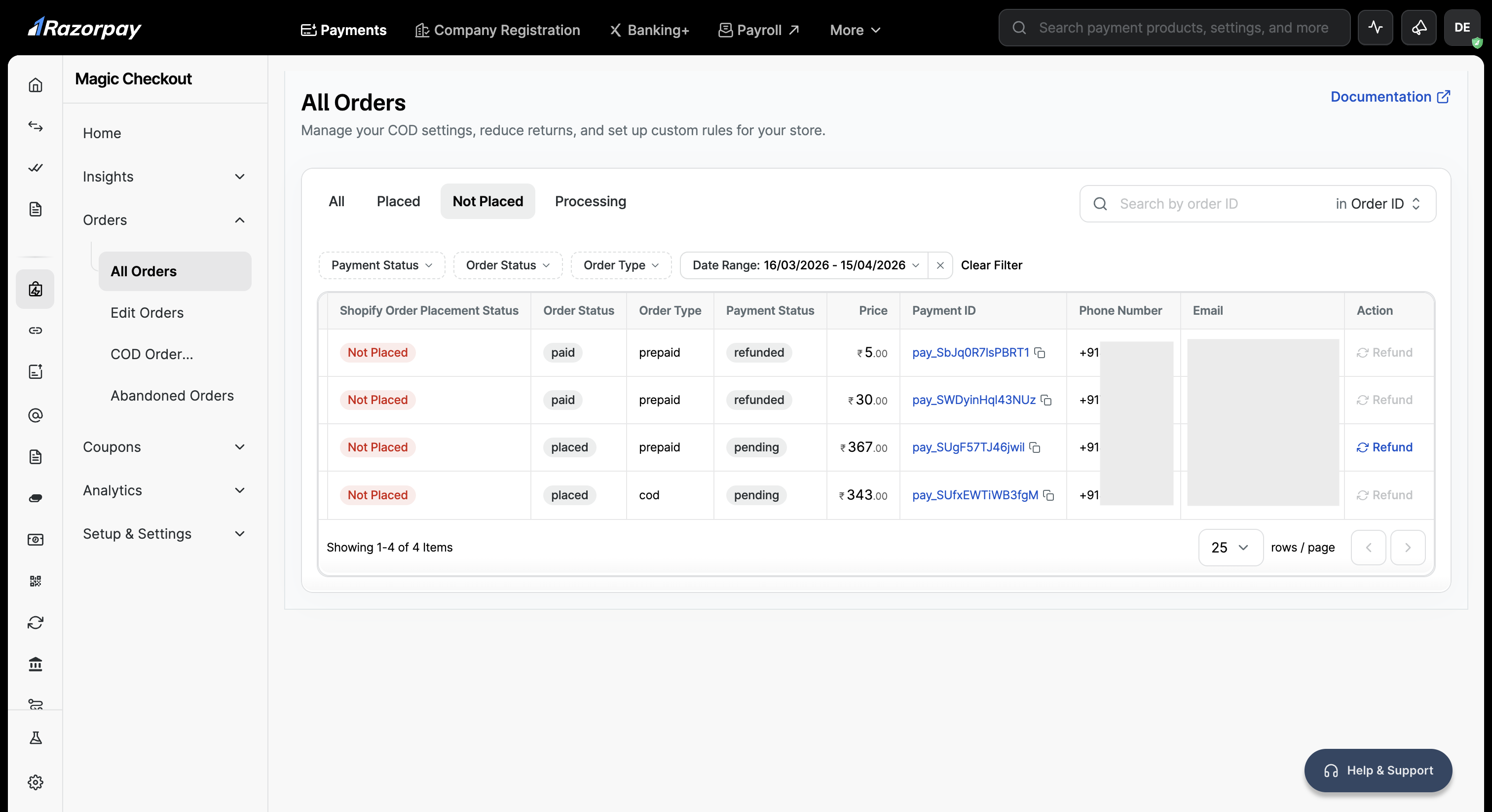 refun orders not placed