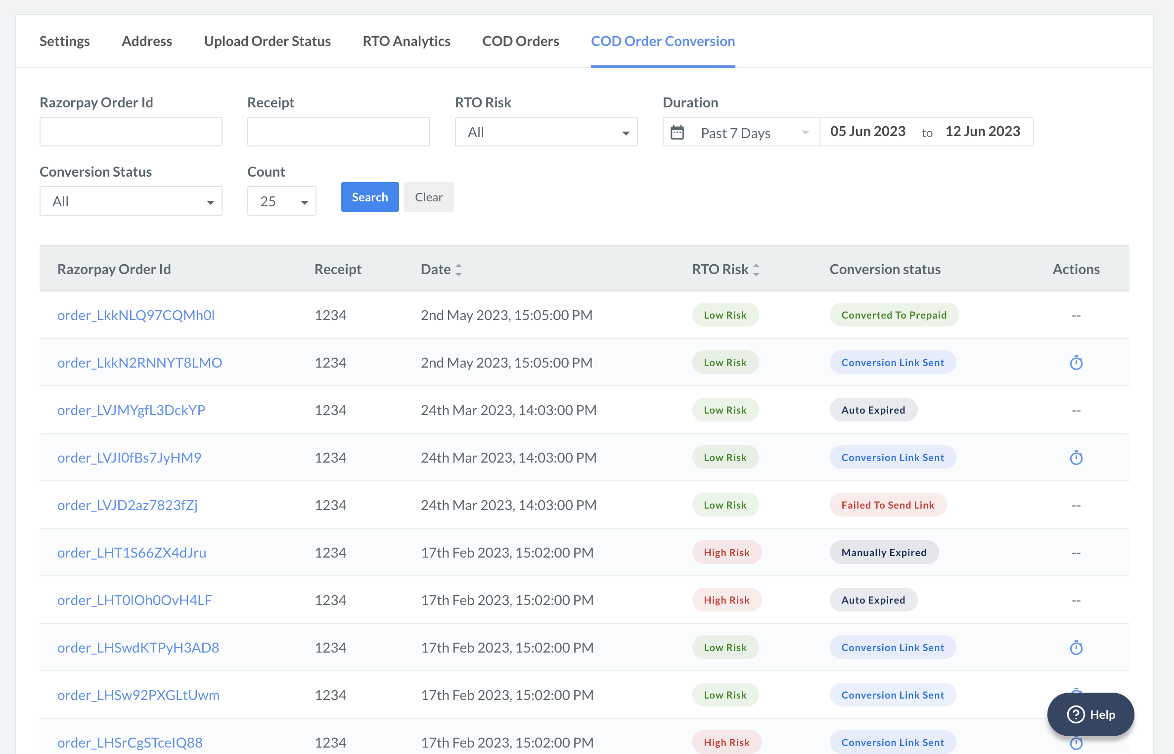 View order Id and conversion status on the Razorpay Dashboard