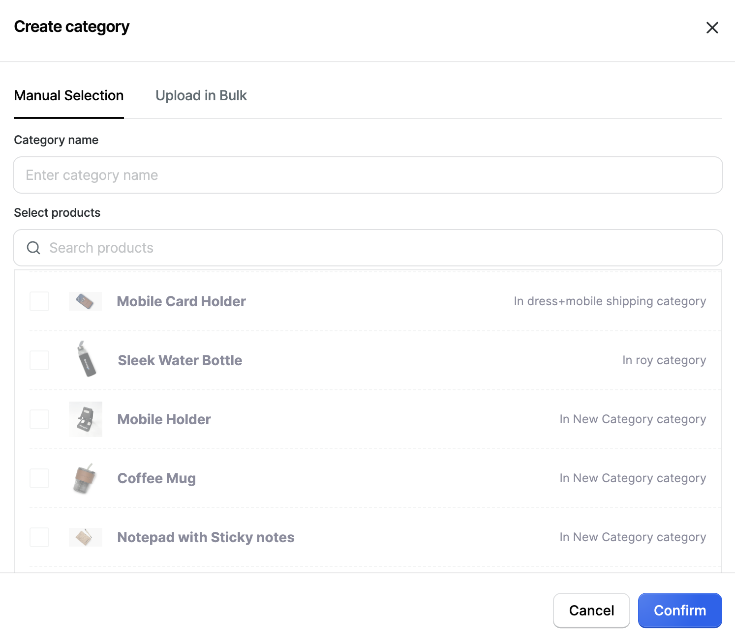 Product Category, manual selection