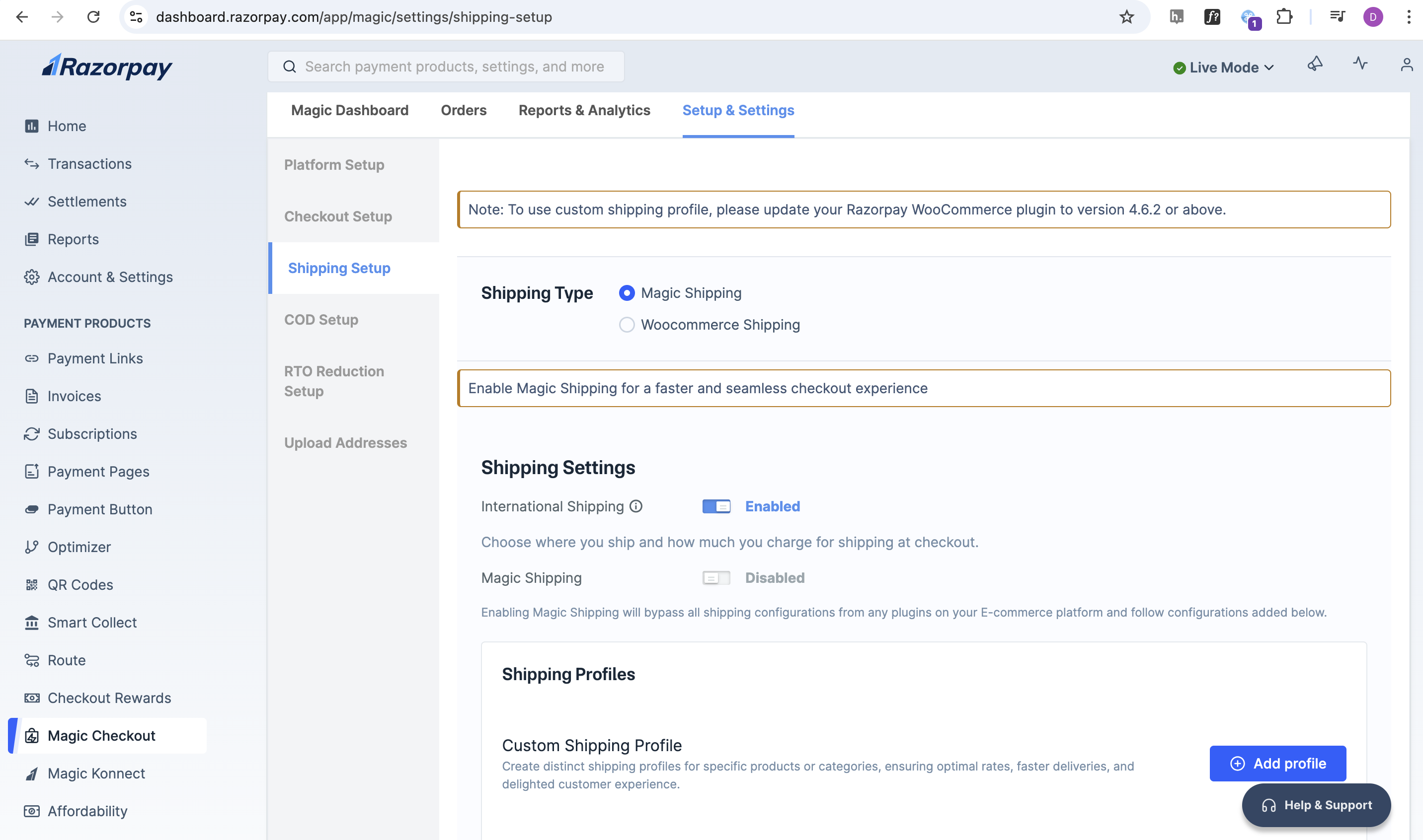 Navigate to Shipping settings on the Razorpay Dashboard