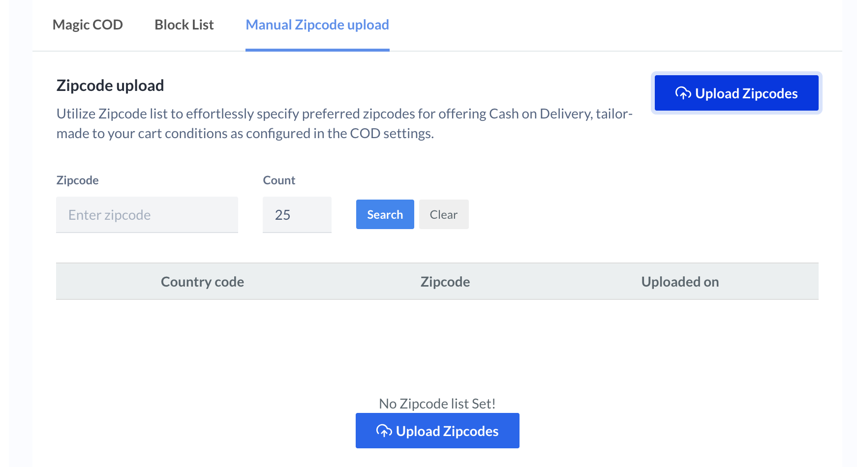 Upload zipcodes to offer COD only to specific zipcodes