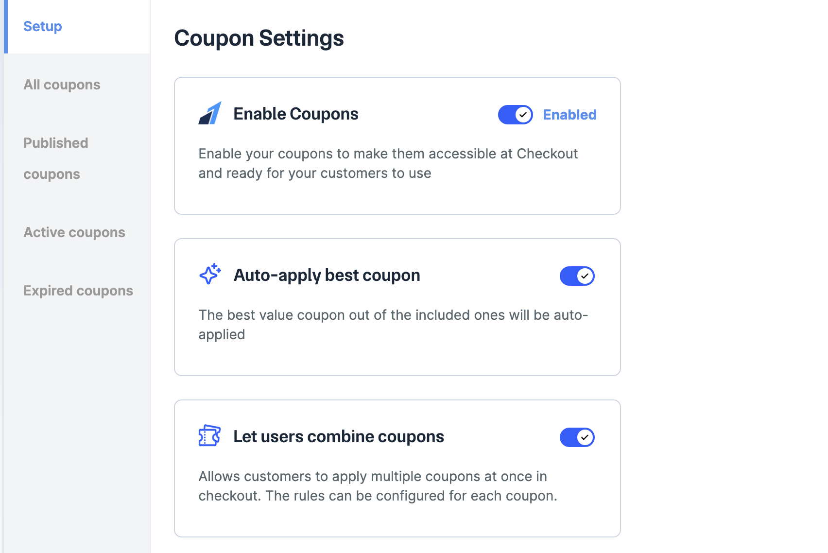 Enable toggles to configure coupons