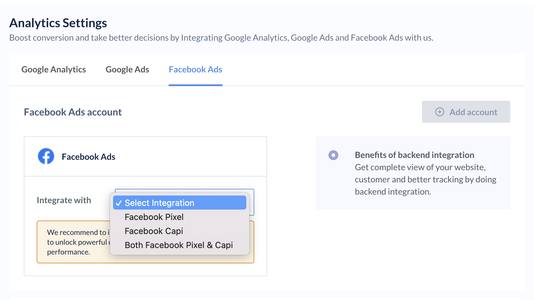 Select the integration type to configure Facebook Ads