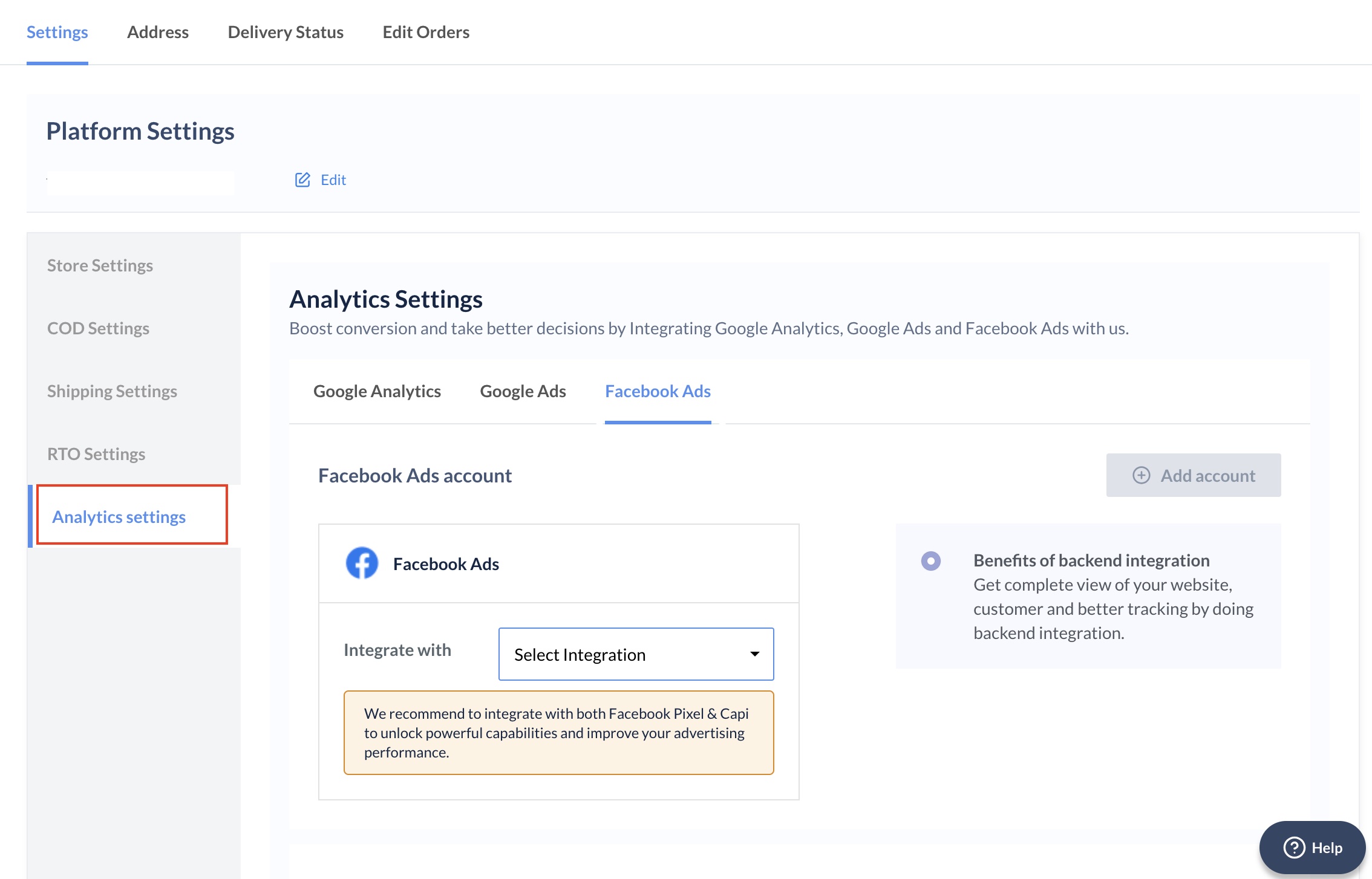 Navigate to Facebook Ads in the Analytics settings section