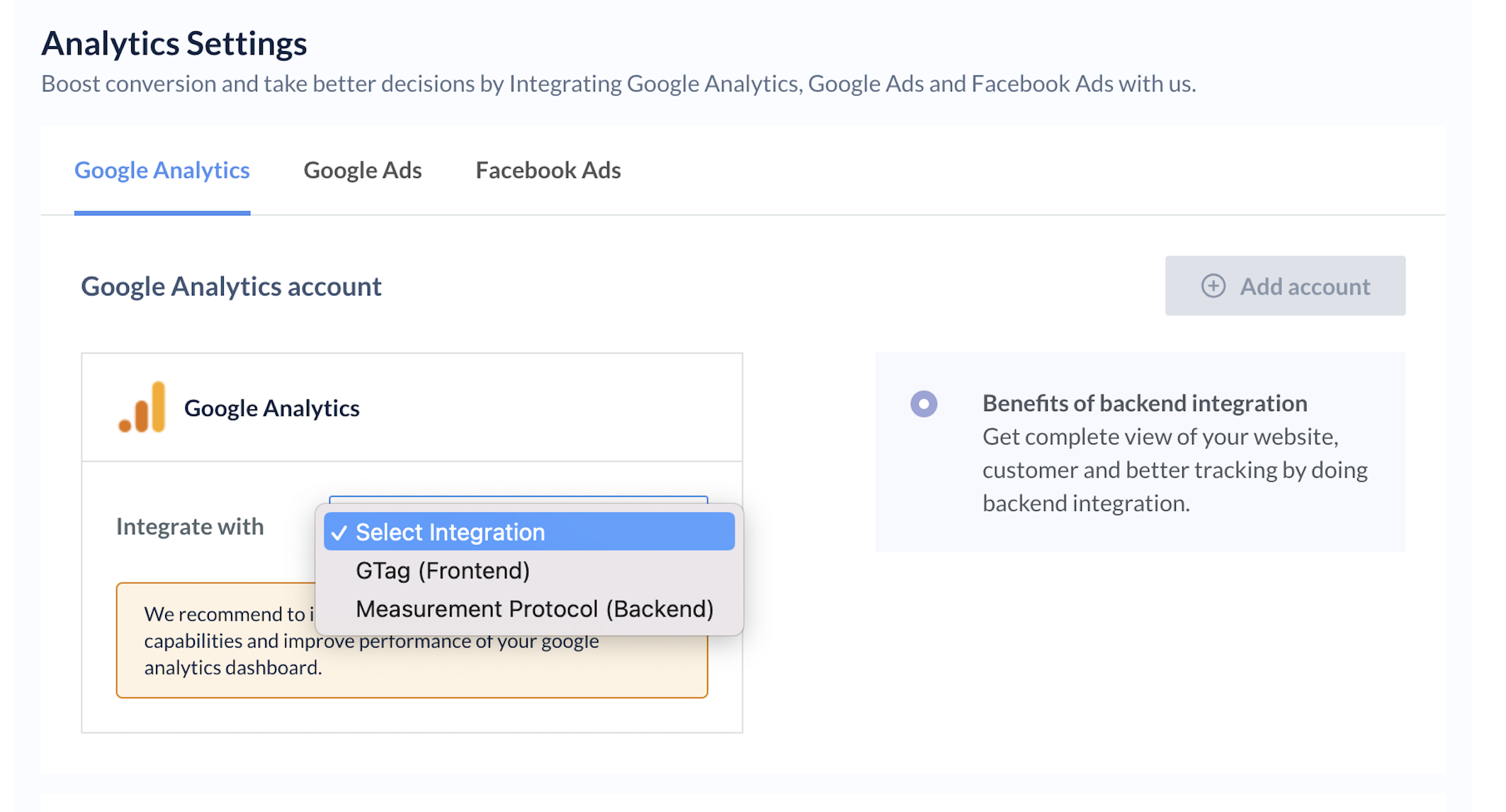 Select the integration type to configure GA