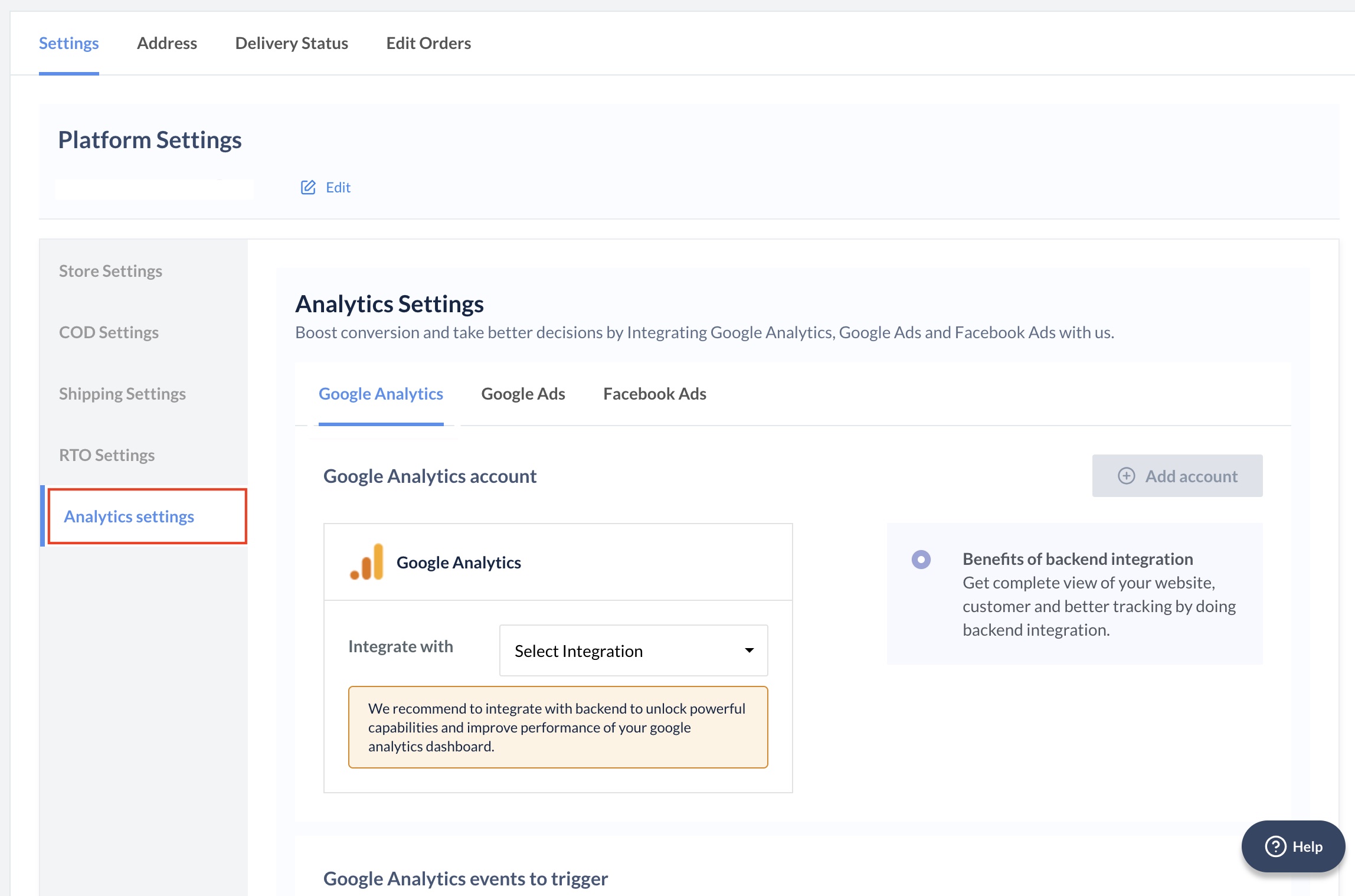 Navigate to Google Analytics in the Analytics settings section